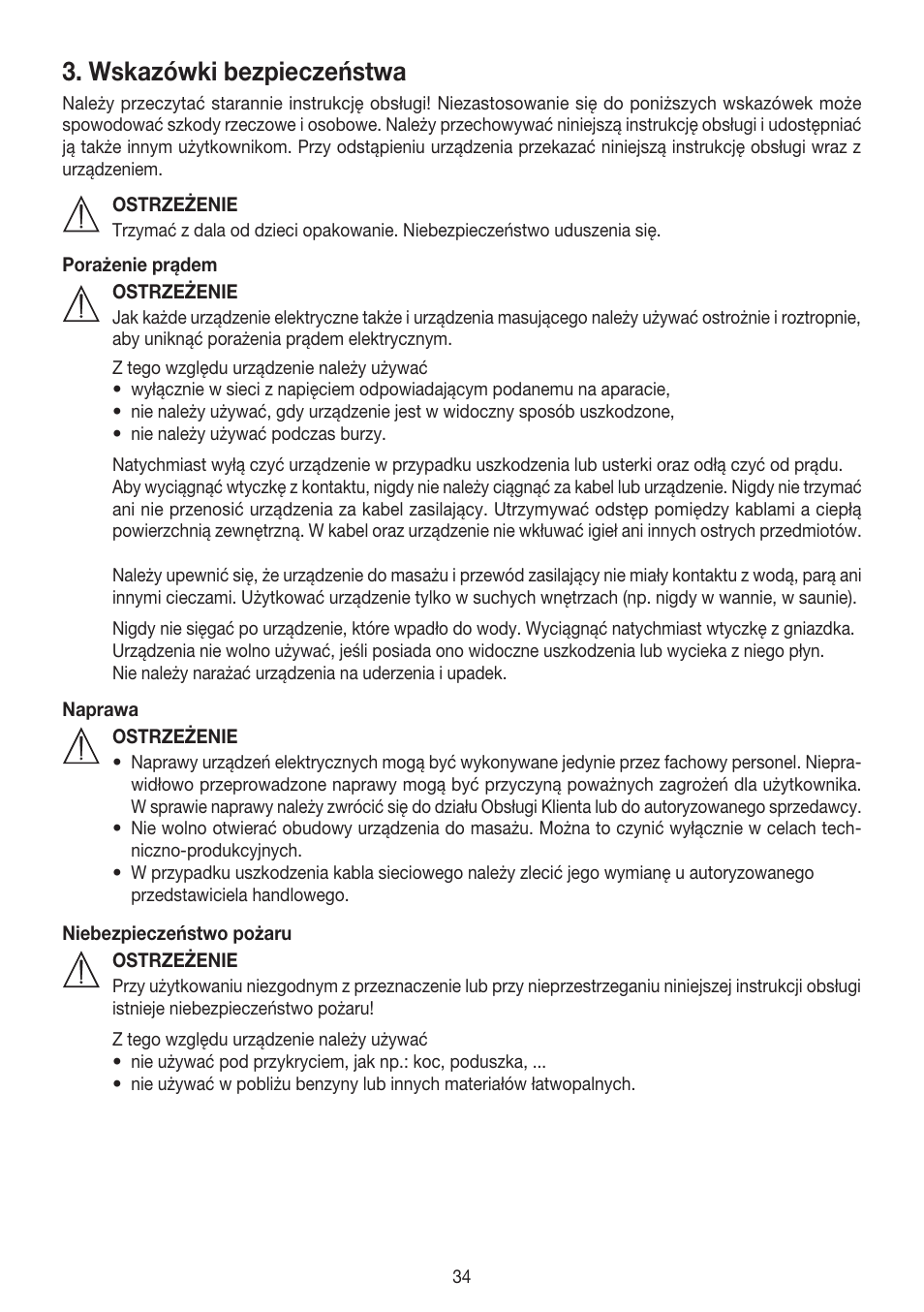 Wskazówki bezpieczeństwa | Beurer MG 150 User Manual | Page 34 / 36