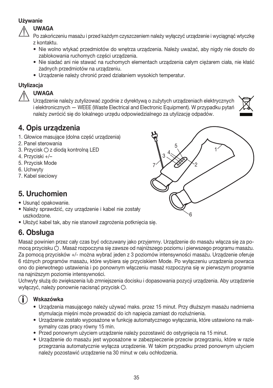 Opis urządzenia, Uruchomien, Obsługa | Beurer MG 150 User Manual | Page 35 / 36