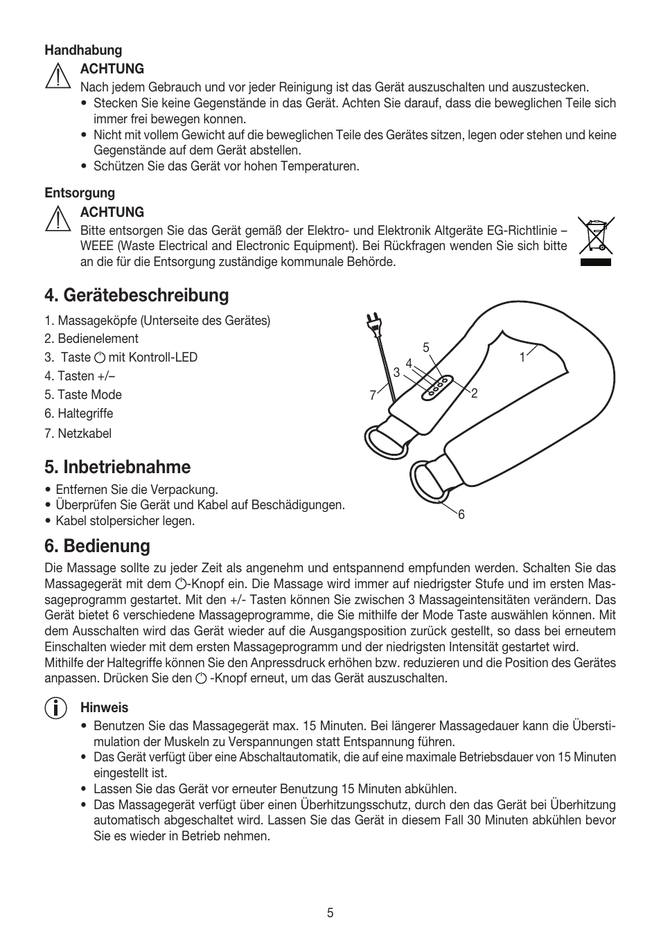 Gerätebeschreibung, Inbetriebnahme, Bedienung | Beurer MG 150 User Manual | Page 5 / 36