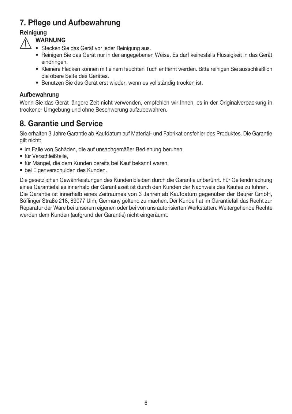 Pflege und aufbewahrung, Garantie und service | Beurer MG 150 User Manual | Page 6 / 36