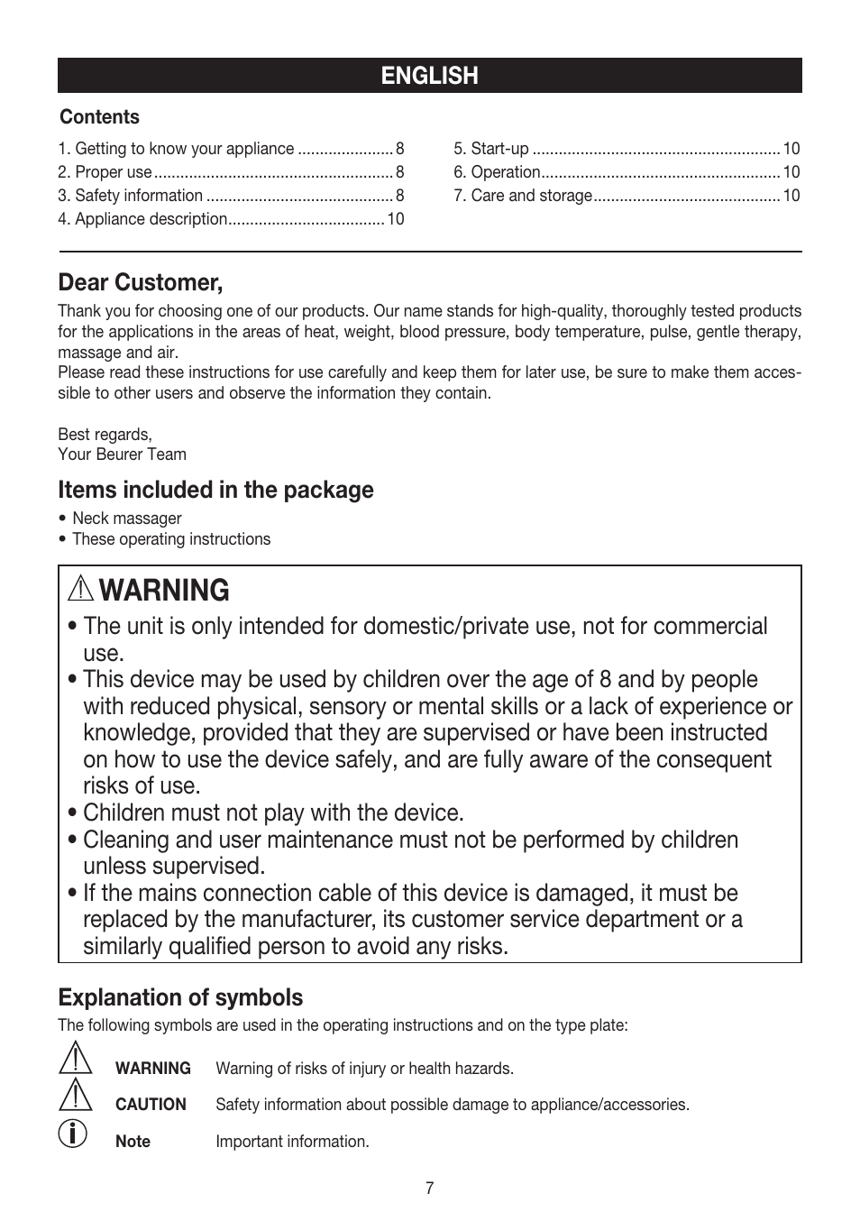 Warning | Beurer MG 150 User Manual | Page 7 / 36