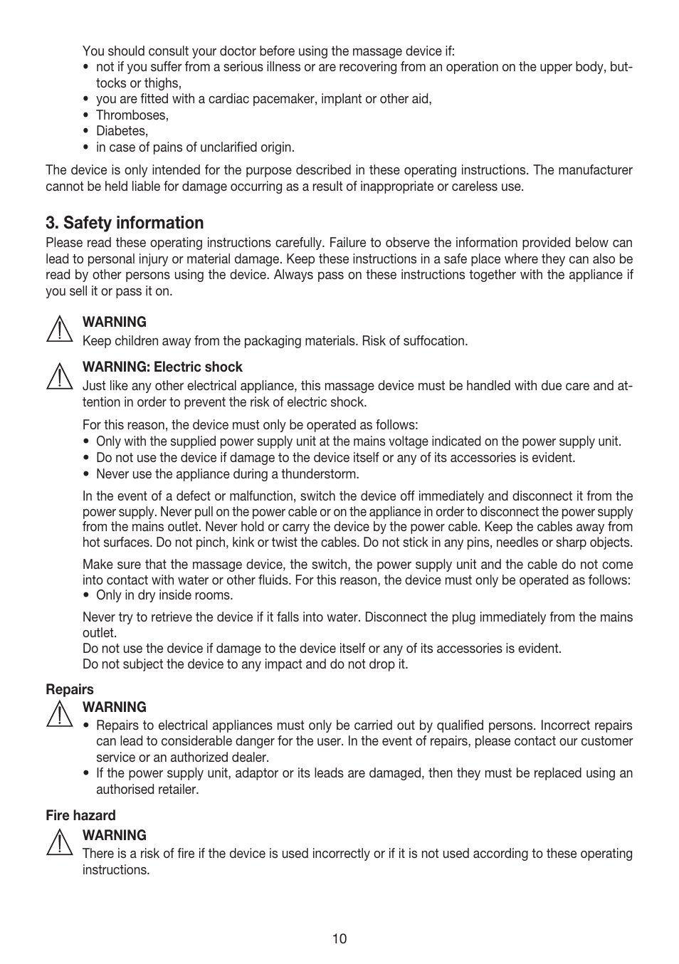 Safety information | Beurer MG 155 User Manual | Page 10 / 52