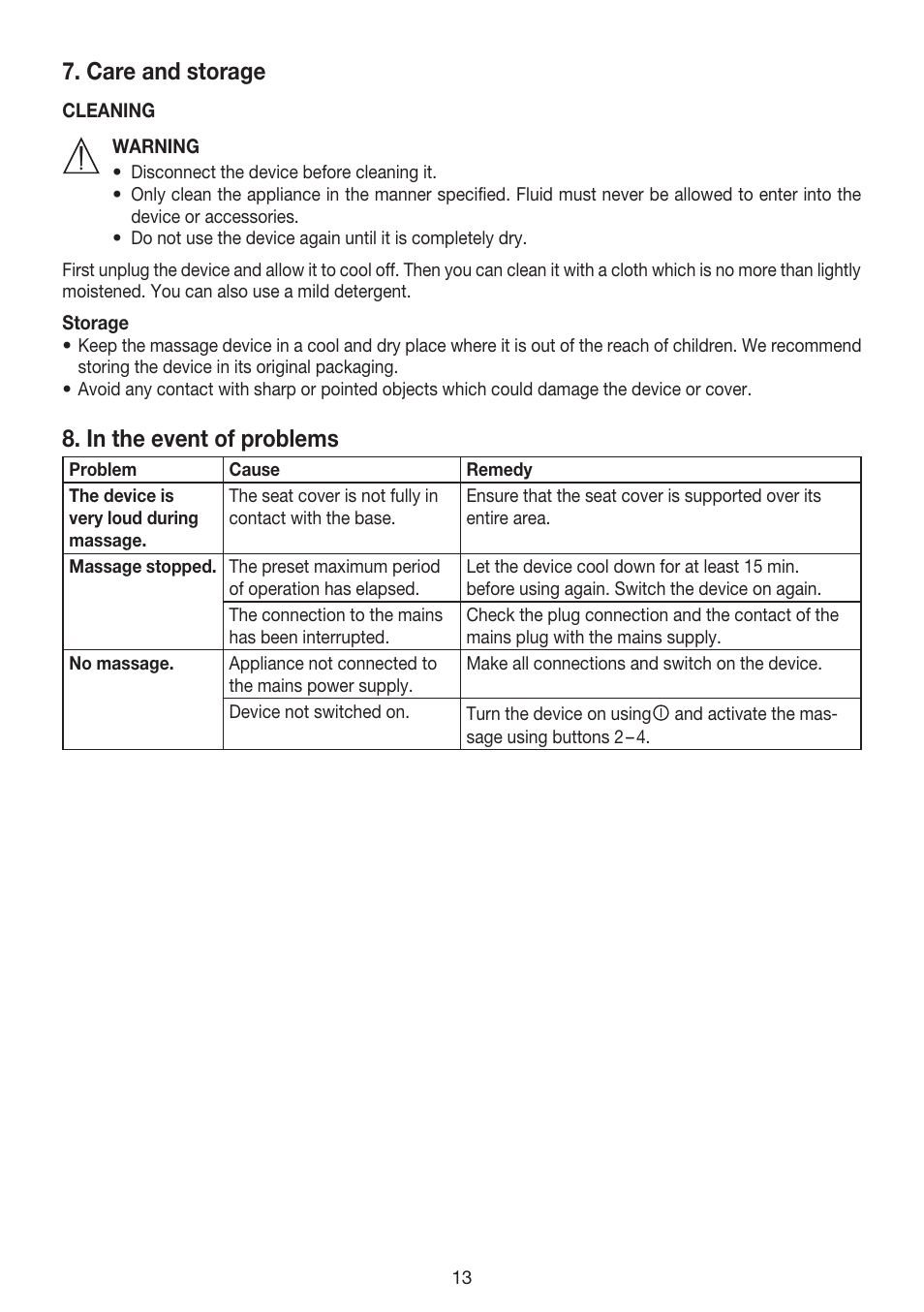 Care and storage | Beurer MG 155 User Manual | Page 13 / 52
