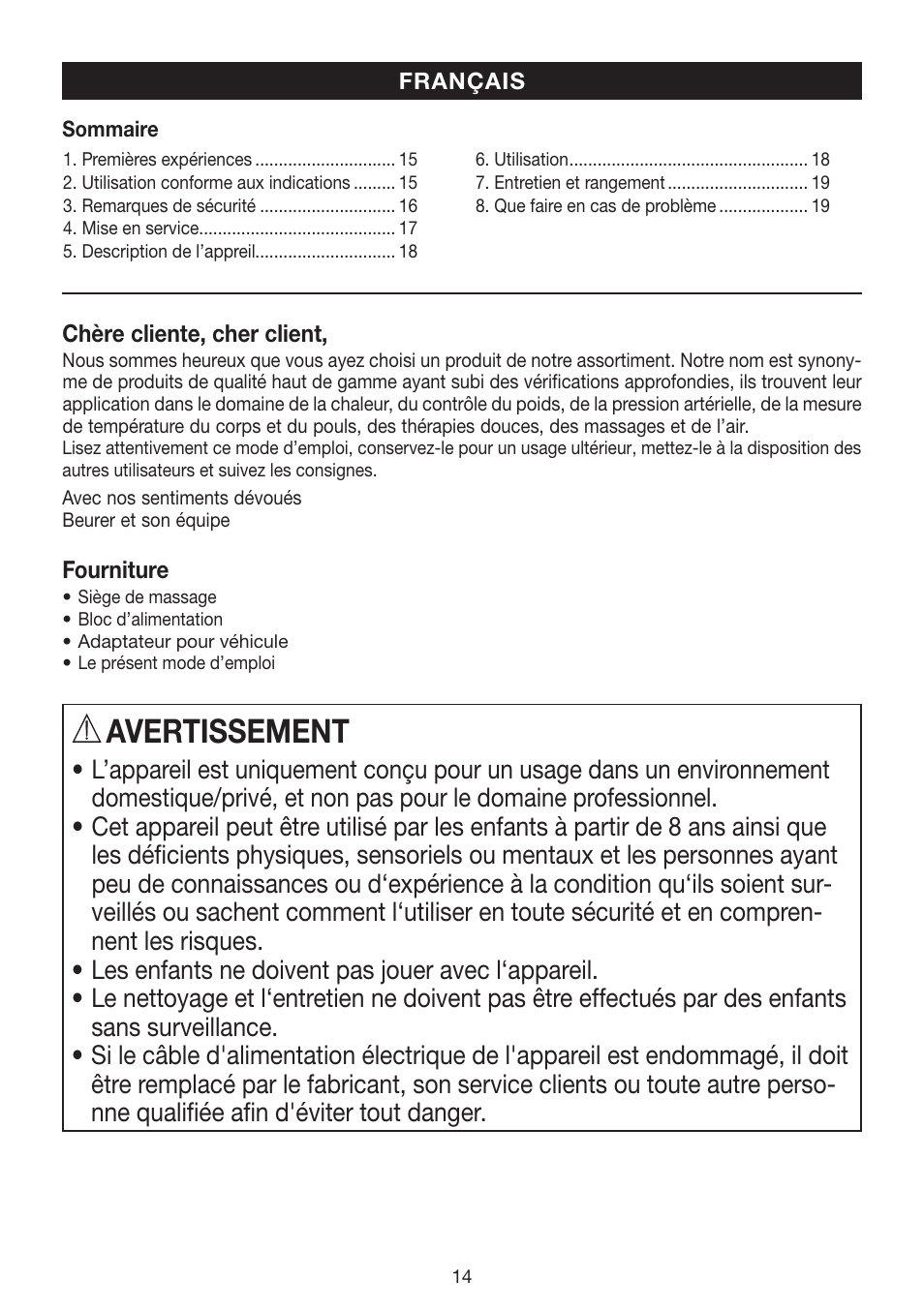 Avertissement | Beurer MG 155 User Manual | Page 14 / 52