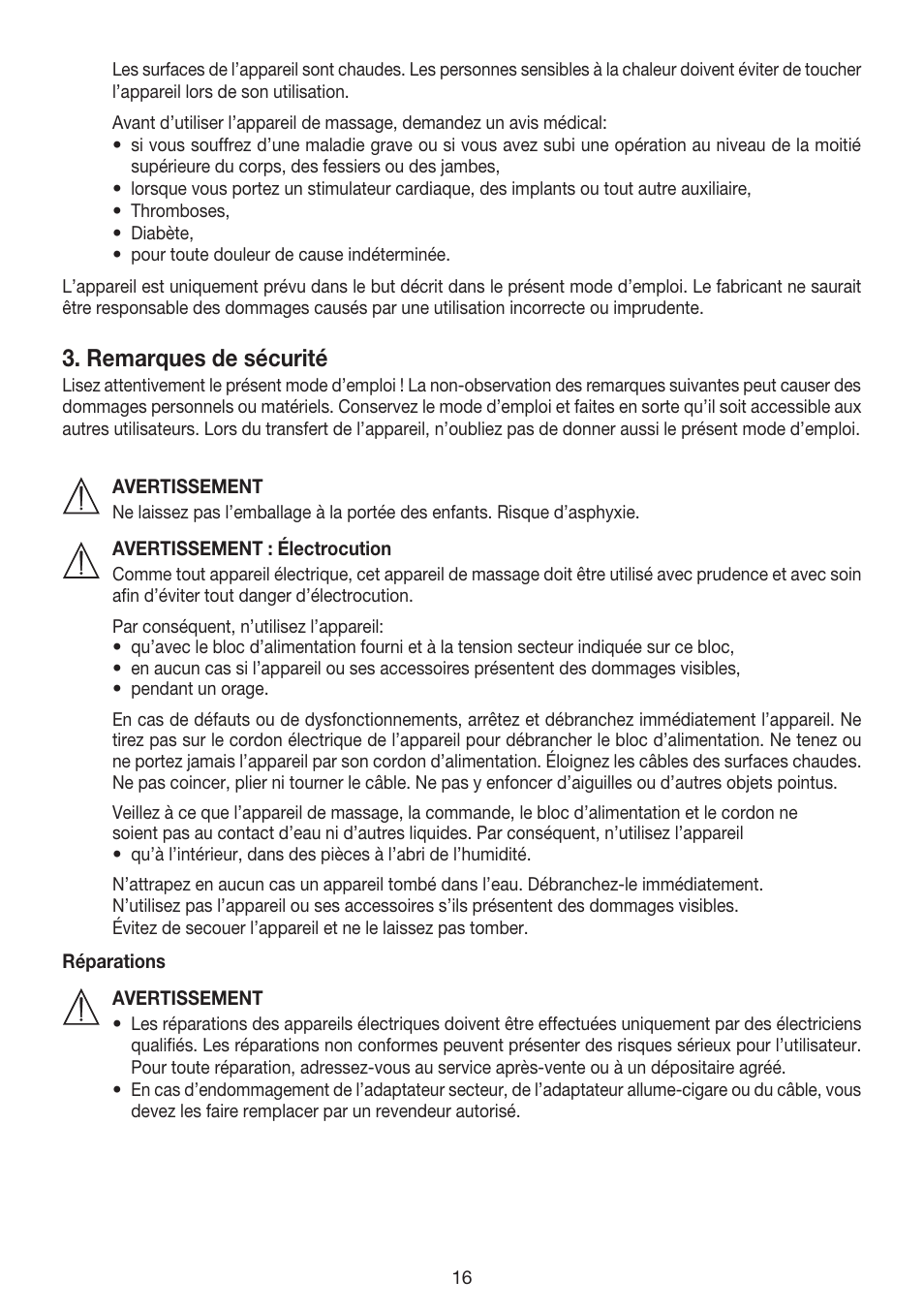 Remarques de sécurité | Beurer MG 155 User Manual | Page 16 / 52