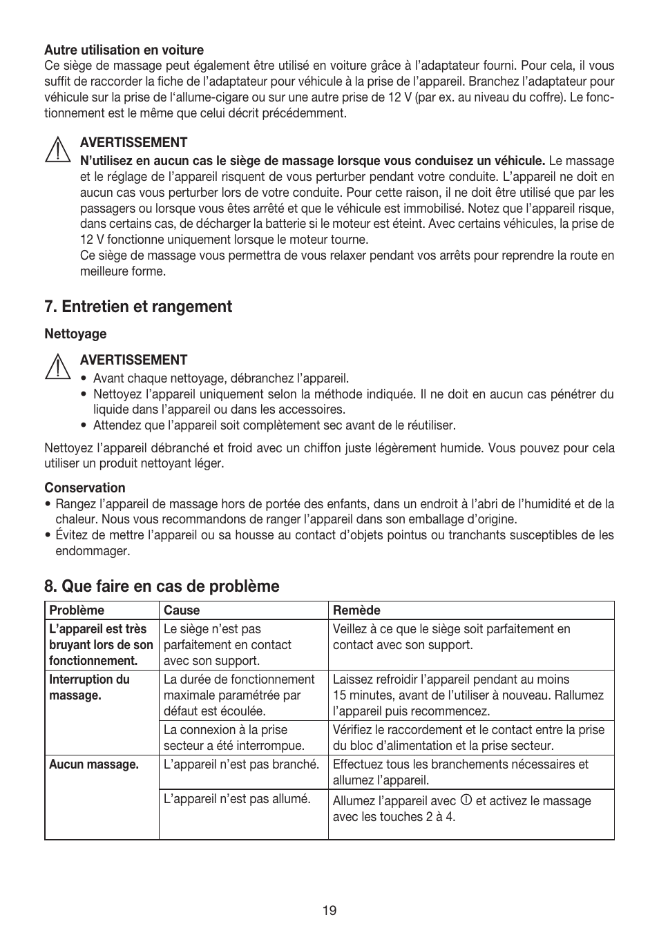 Entretien et rangement, Que faire en cas de problème | Beurer MG 155 User Manual | Page 19 / 52