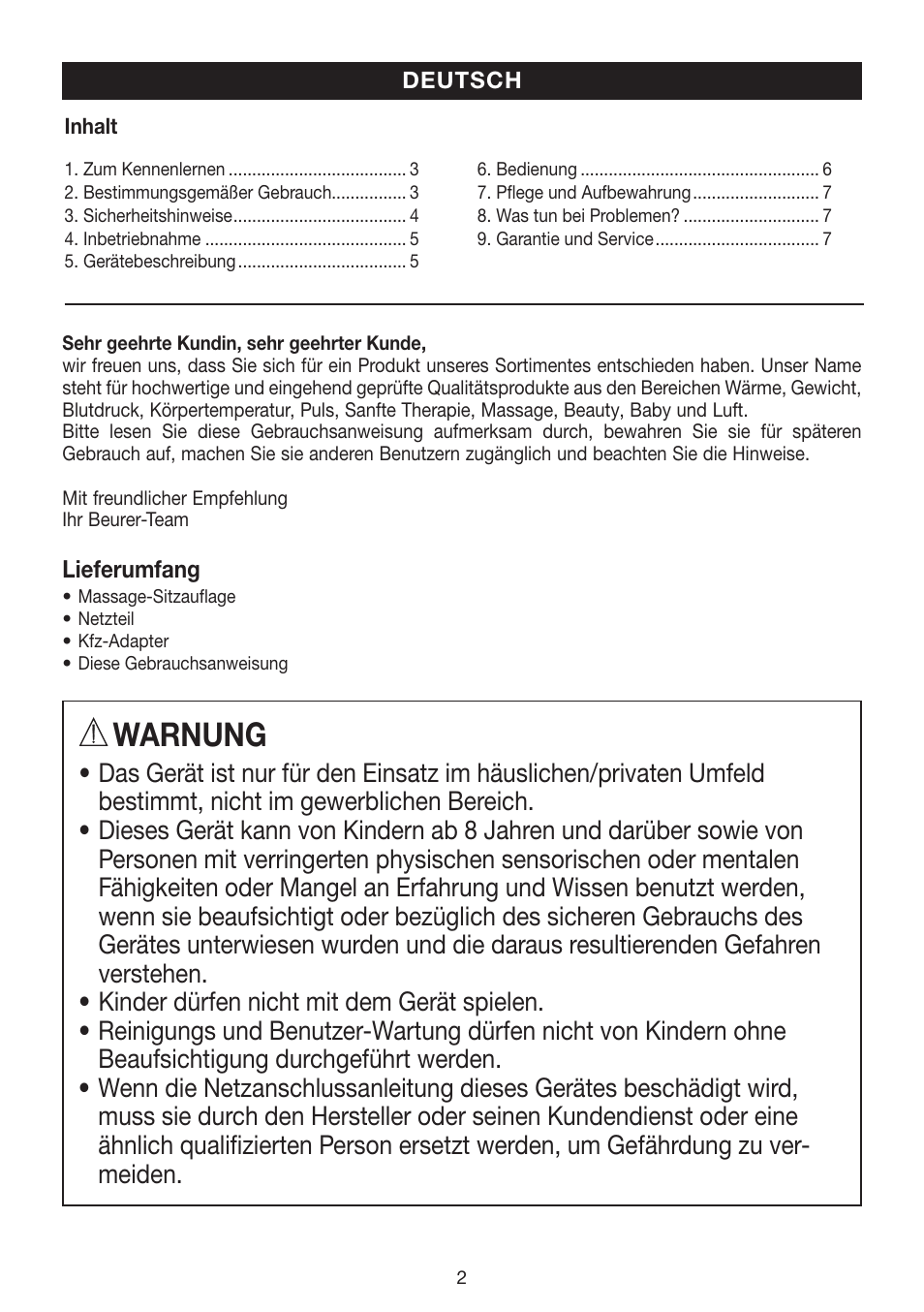 Warnung | Beurer MG 155 User Manual | Page 2 / 52
