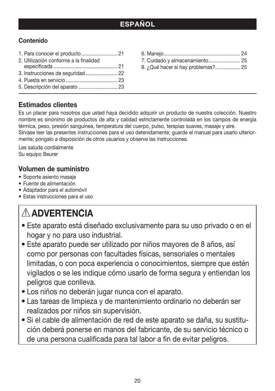 Advertencia | Beurer MG 155 User Manual | Page 20 / 52