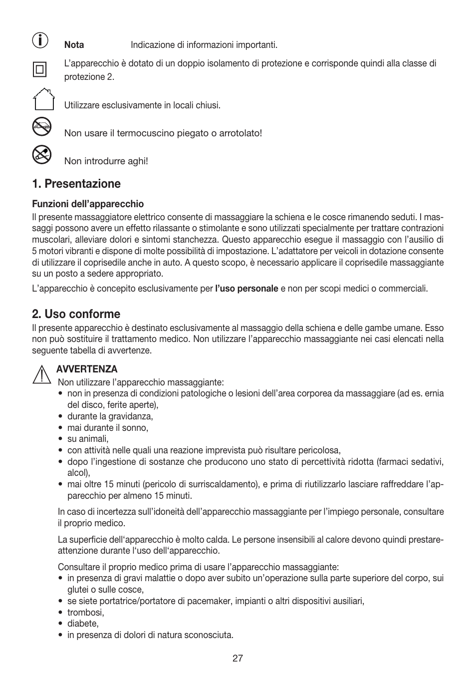 Presentazione, Uso conforme | Beurer MG 155 User Manual | Page 27 / 52
