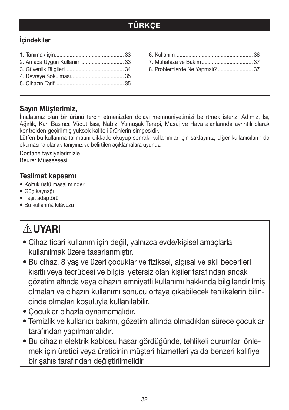 Uyari | Beurer MG 155 User Manual | Page 32 / 52