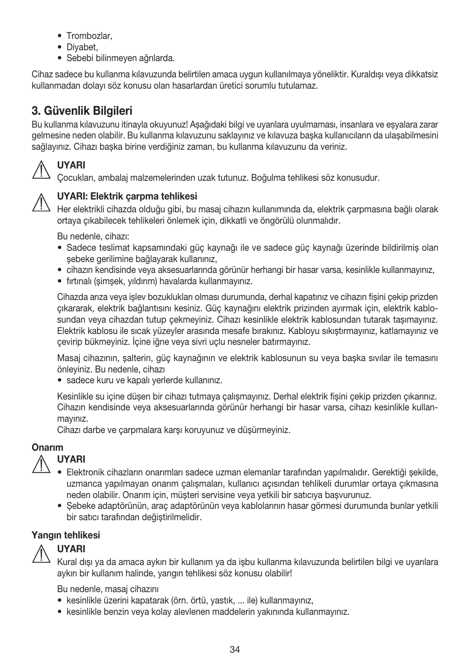 Güvenlik bilgileri | Beurer MG 155 User Manual | Page 34 / 52