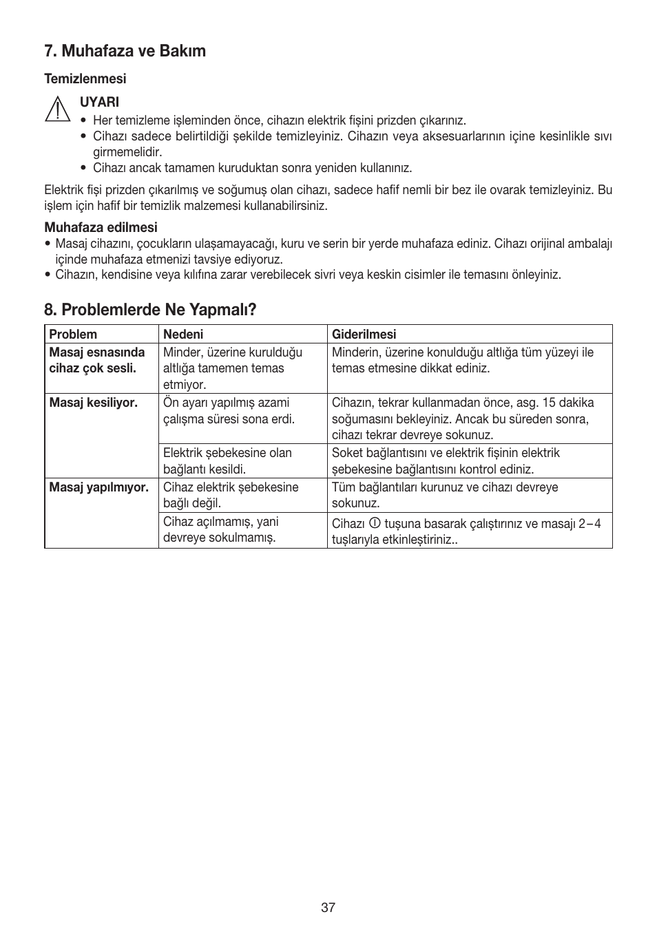 Muhafaza ve bakım, Problemlerde ne yapmalı | Beurer MG 155 User Manual | Page 37 / 52