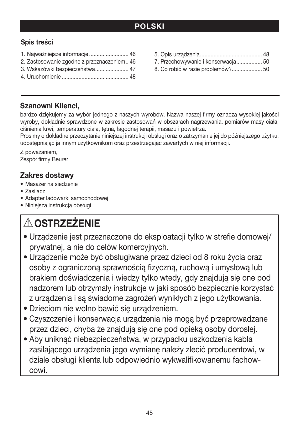 Ostrzeżenie | Beurer MG 155 User Manual | Page 45 / 52