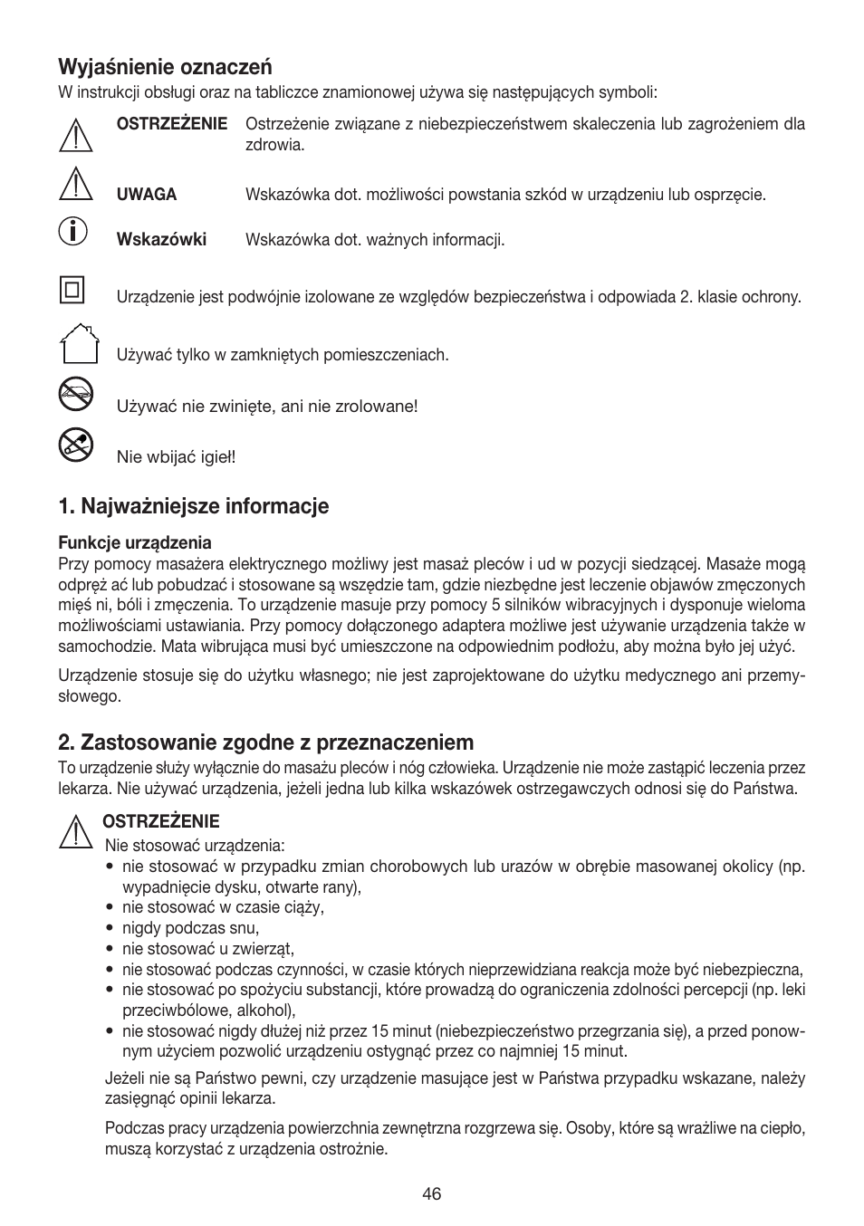 Wyjaśnienie oznaczeń, Najważniejsze informacje, Zastosowanie zgodne z przeznaczeniem | Beurer MG 155 User Manual | Page 46 / 52