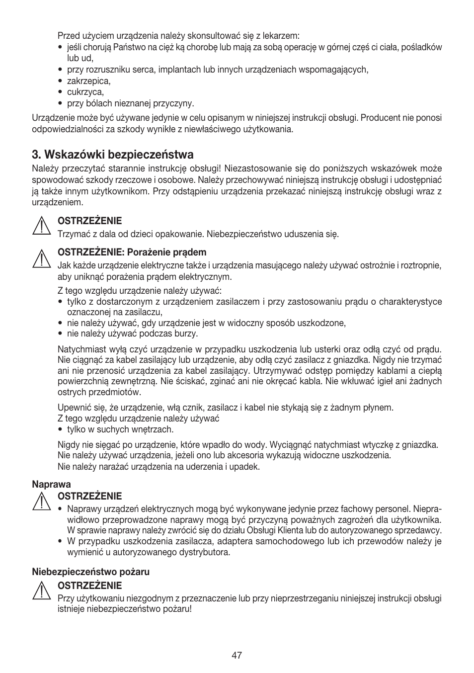 Wskazówki bezpieczeństwa | Beurer MG 155 User Manual | Page 47 / 52