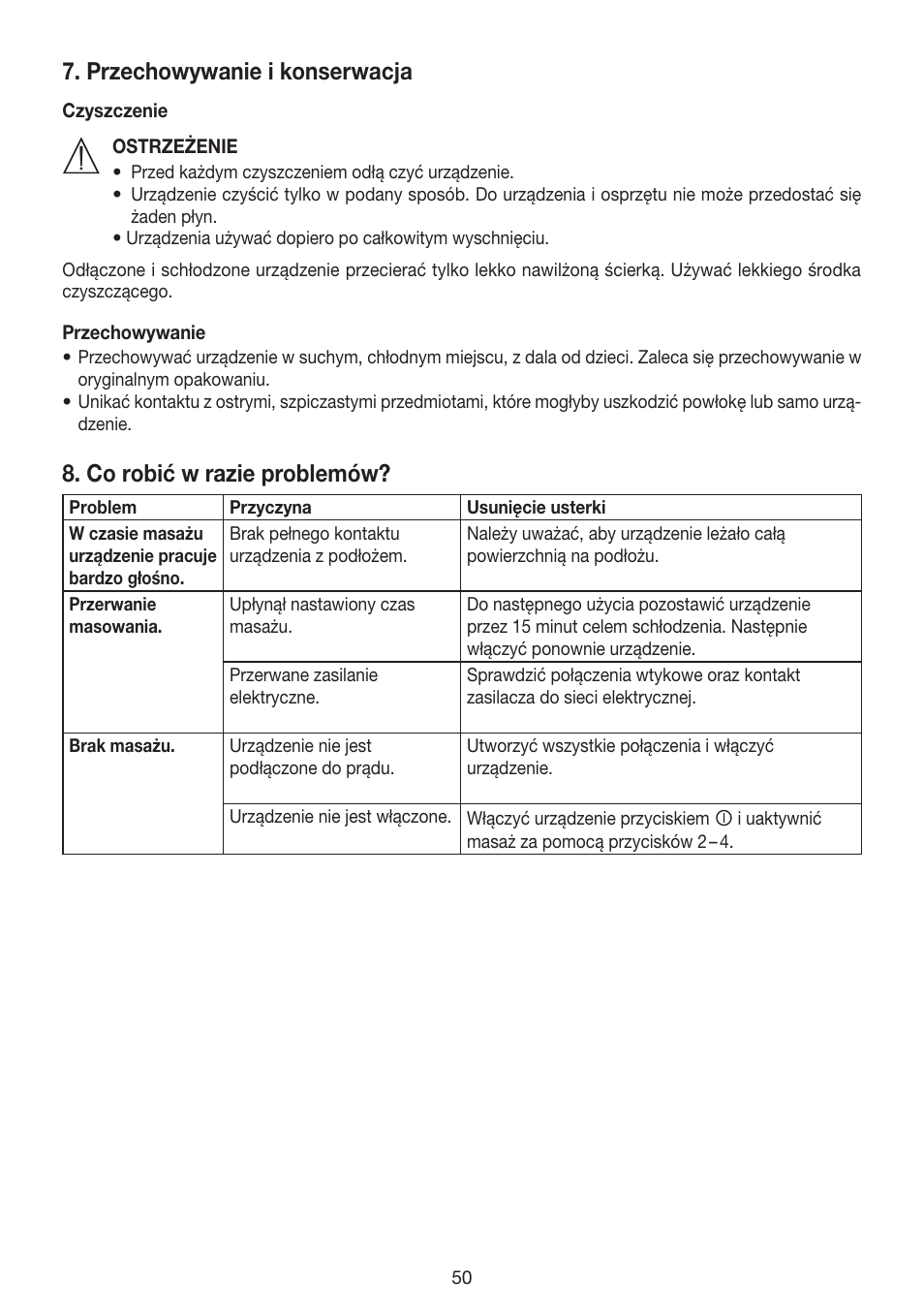 Przechowywanie i konserwacja, Co robić w razie problemów | Beurer MG 155 User Manual | Page 50 / 52