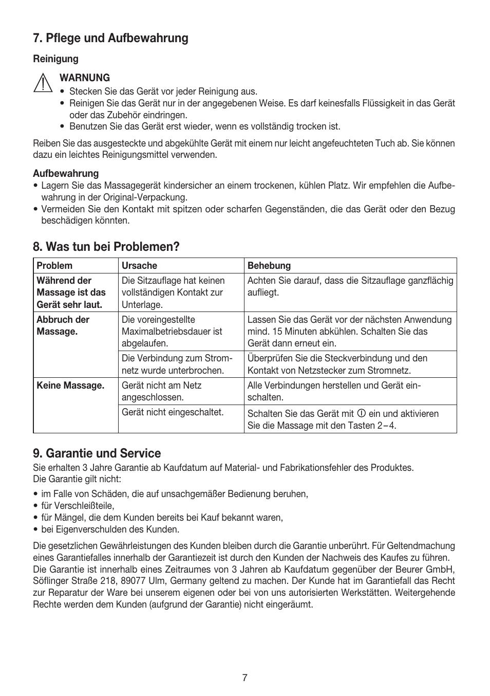 Pflege und aufbewahrung, Was tun bei problemen, Garantie und service | Beurer MG 155 User Manual | Page 7 / 52