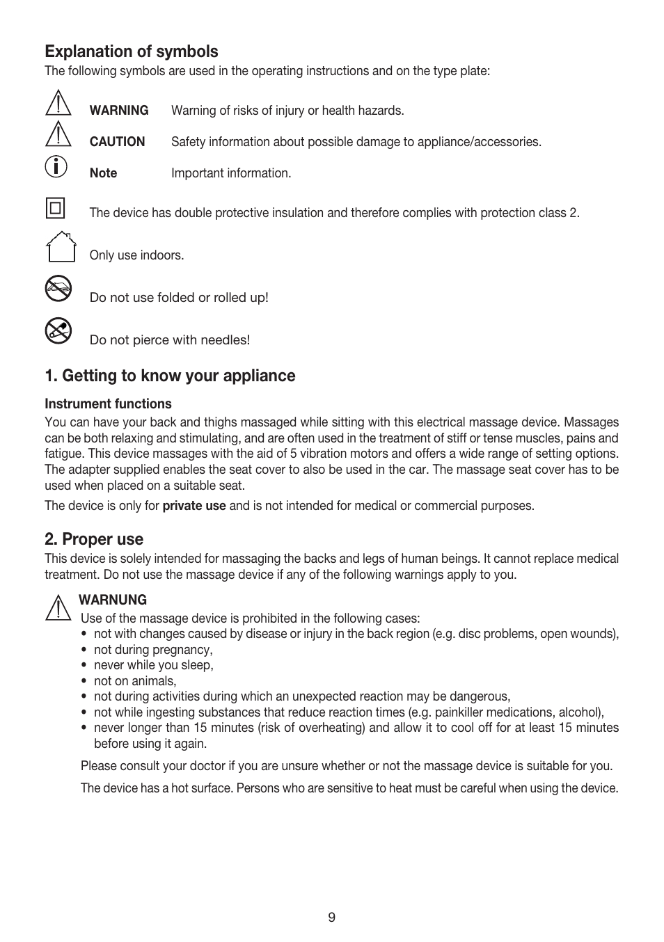 Explanation of symbols, Getting to know your appliance, Proper use | Beurer MG 155 User Manual | Page 9 / 52