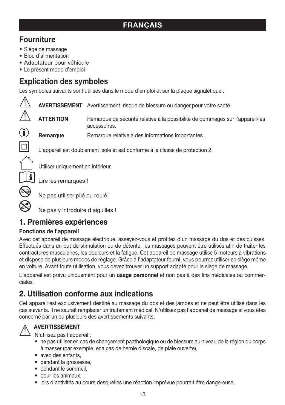 Fourniture, Explication des symboles, Premières expériences | Utilisation conforme aux indications | Beurer MG 158 User Manual | Page 13 / 44