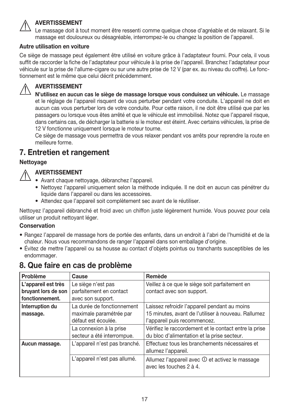 Entretien et rangement, Que faire en cas de problème | Beurer MG 158 User Manual | Page 17 / 44