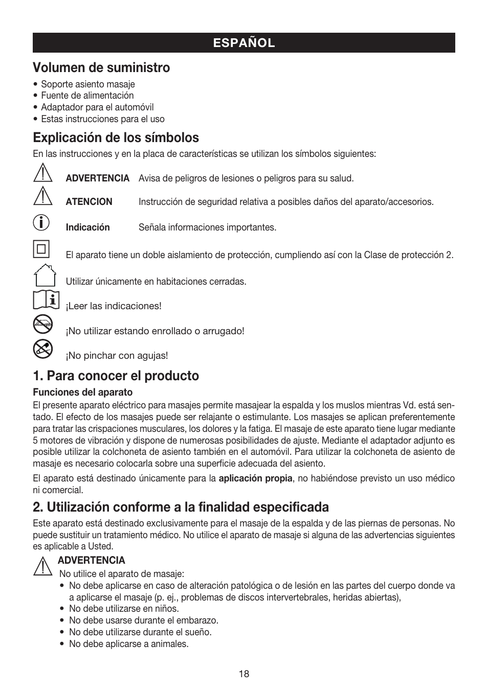 Volumen de suministro, Explicación de los símbolos, Para conocer el producto | Utilización conforme a la finalidad especificada | Beurer MG 158 User Manual | Page 18 / 44