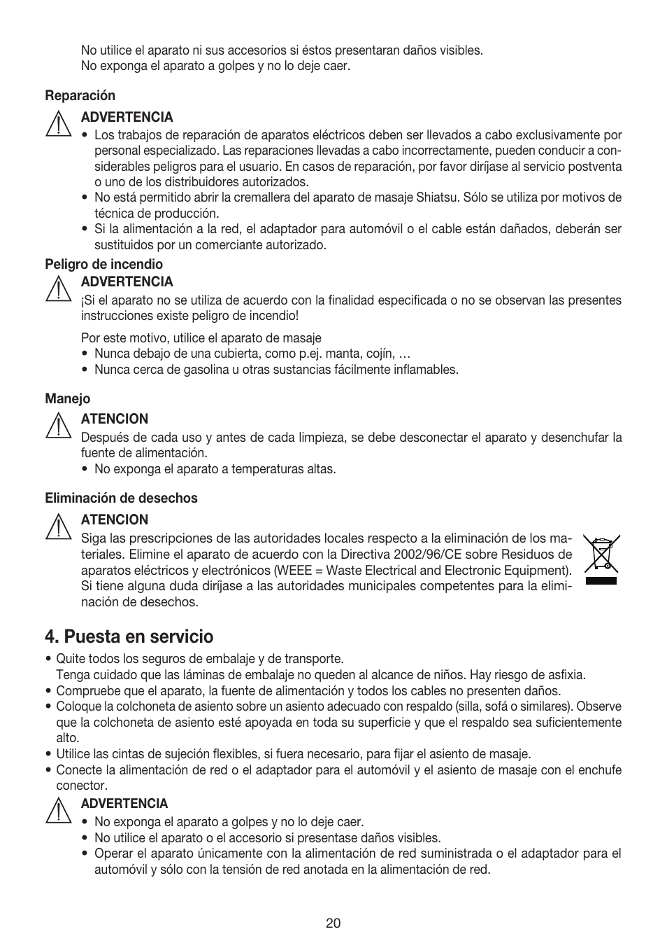 Puesta en servicio | Beurer MG 158 User Manual | Page 20 / 44