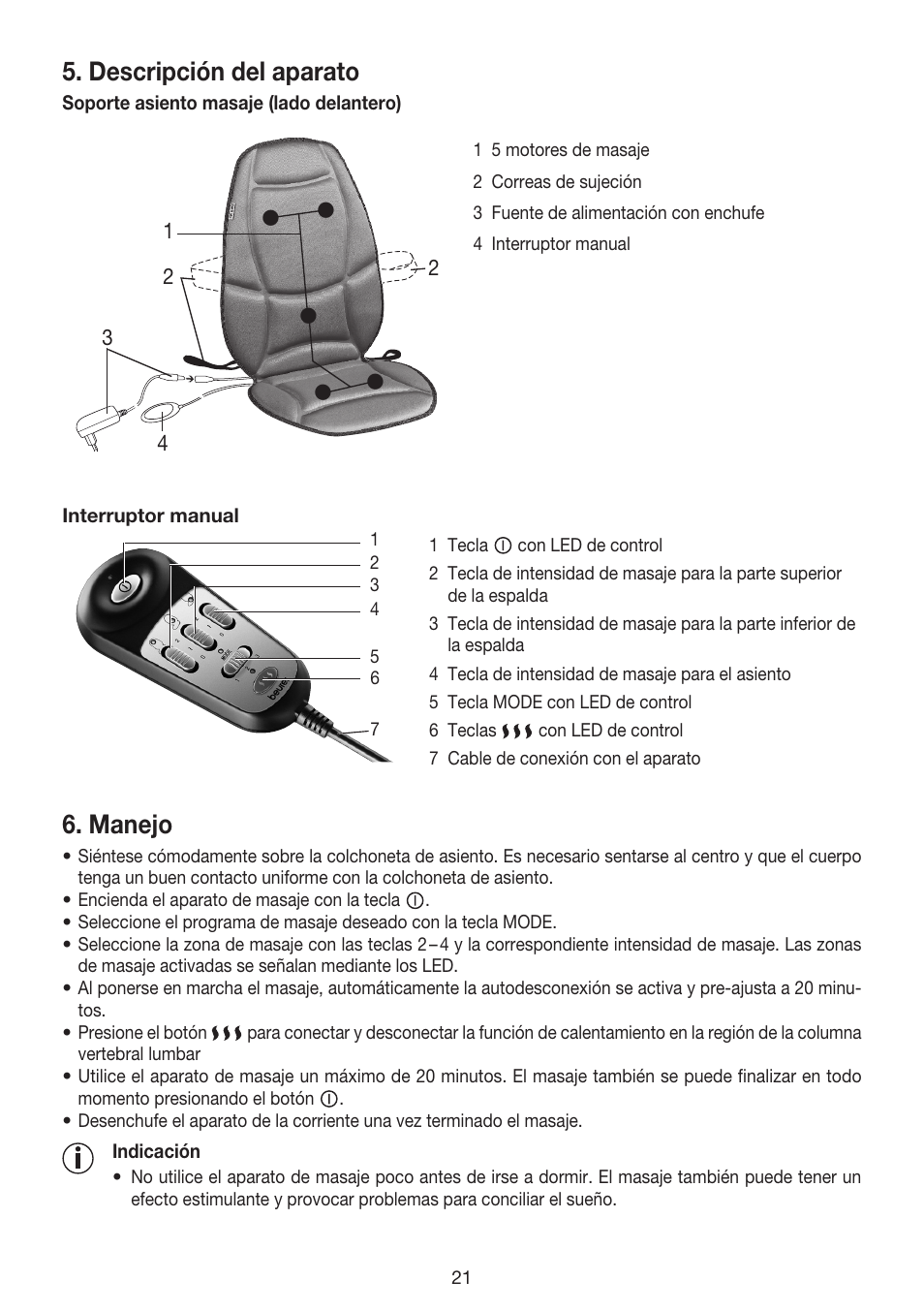 Descripción del aparato, Manejo | Beurer MG 158 User Manual | Page 21 / 44