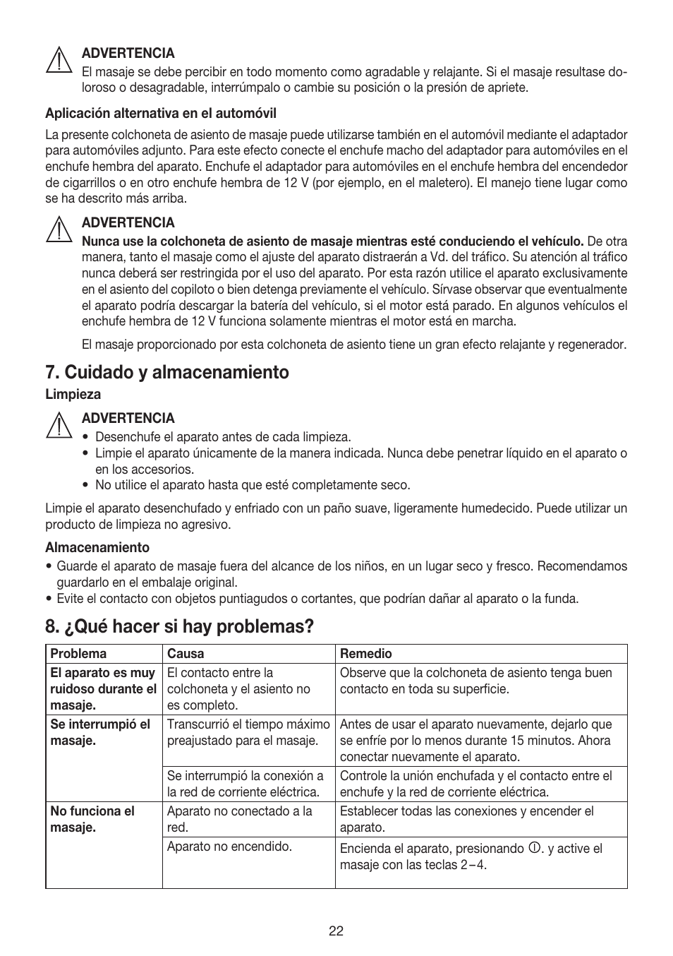 Cuidado y almacenamiento, ¿qué hacer si hay problemas | Beurer MG 158 User Manual | Page 22 / 44