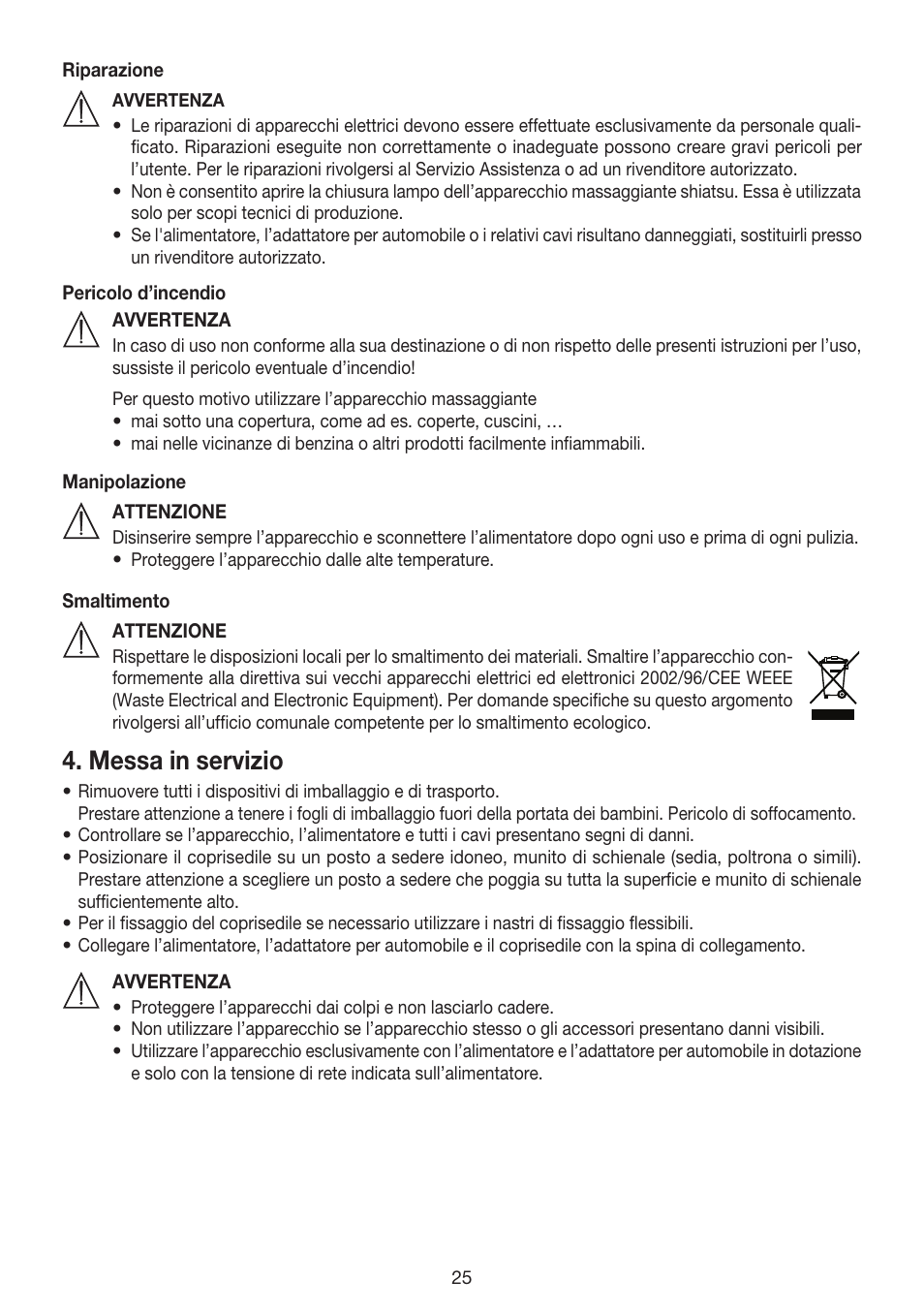 Messa in servizio | Beurer MG 158 User Manual | Page 25 / 44