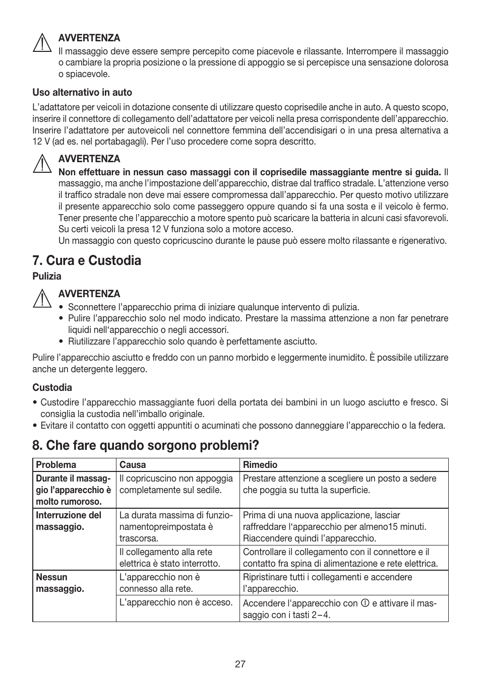 Cura e custodia, Che fare quando sorgono problemi | Beurer MG 158 User Manual | Page 27 / 44