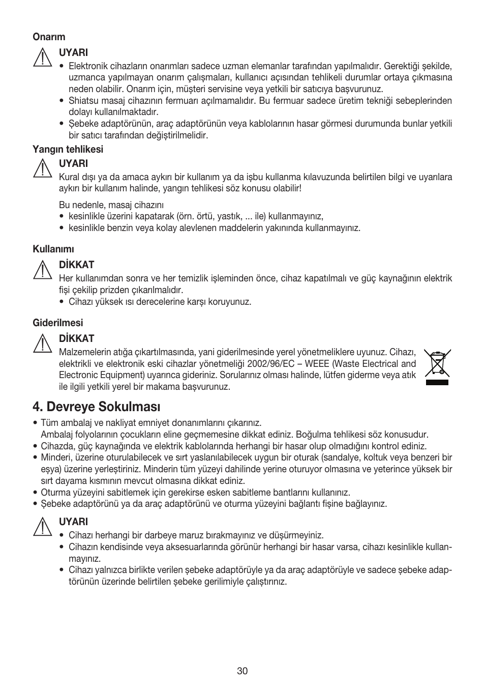Devreye sokulması | Beurer MG 158 User Manual | Page 30 / 44