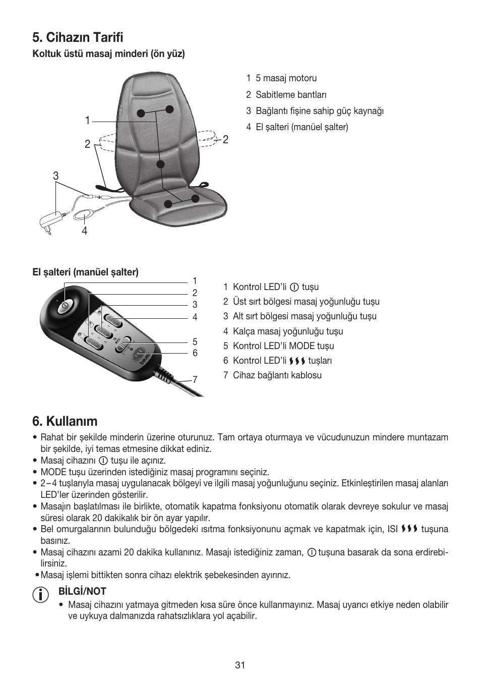 Cihazın tarifi, Kullanım | Beurer MG 158 User Manual | Page 31 / 44