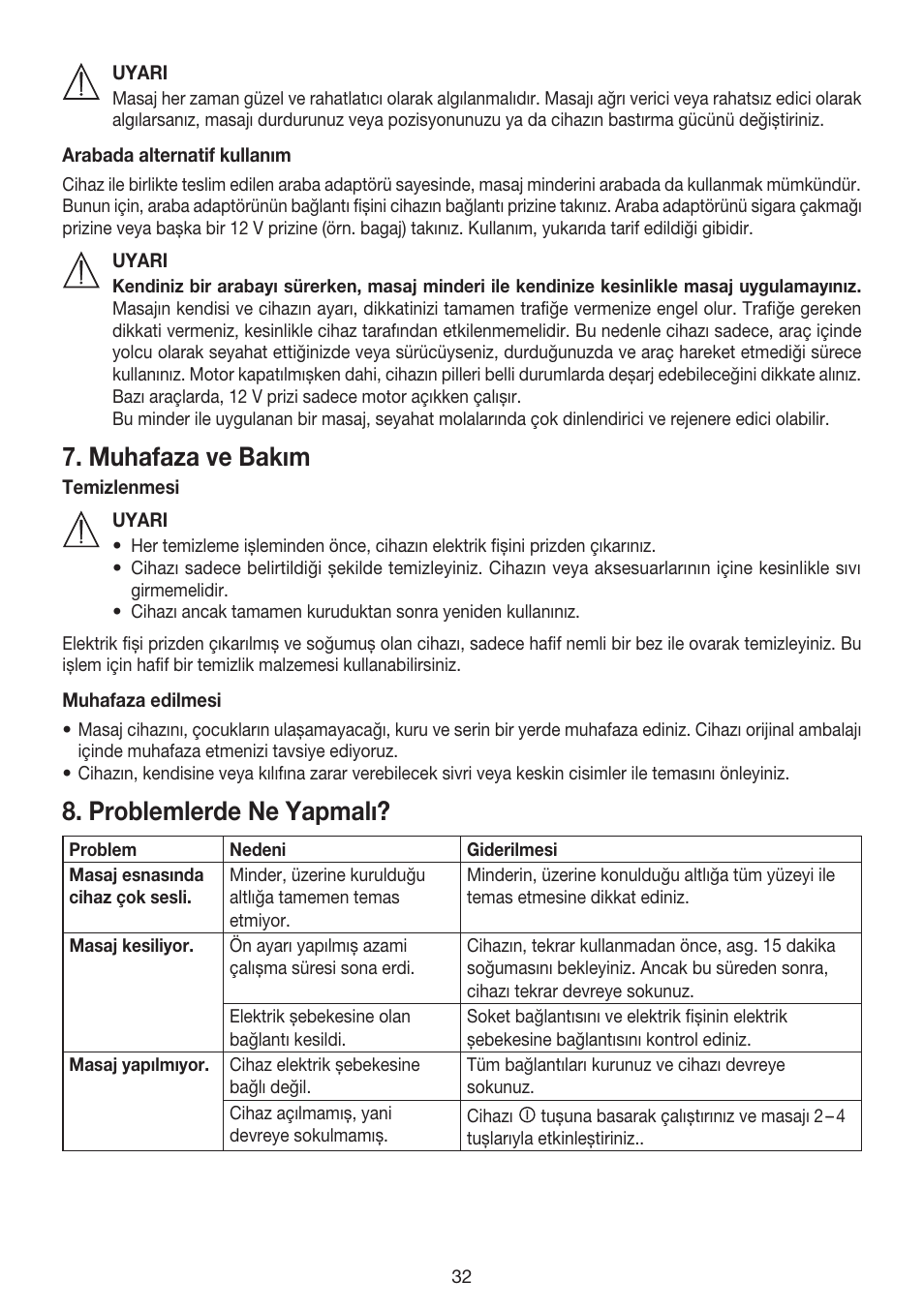 Muhafaza ve bakım, Problemlerde ne yapmalı | Beurer MG 158 User Manual | Page 32 / 44