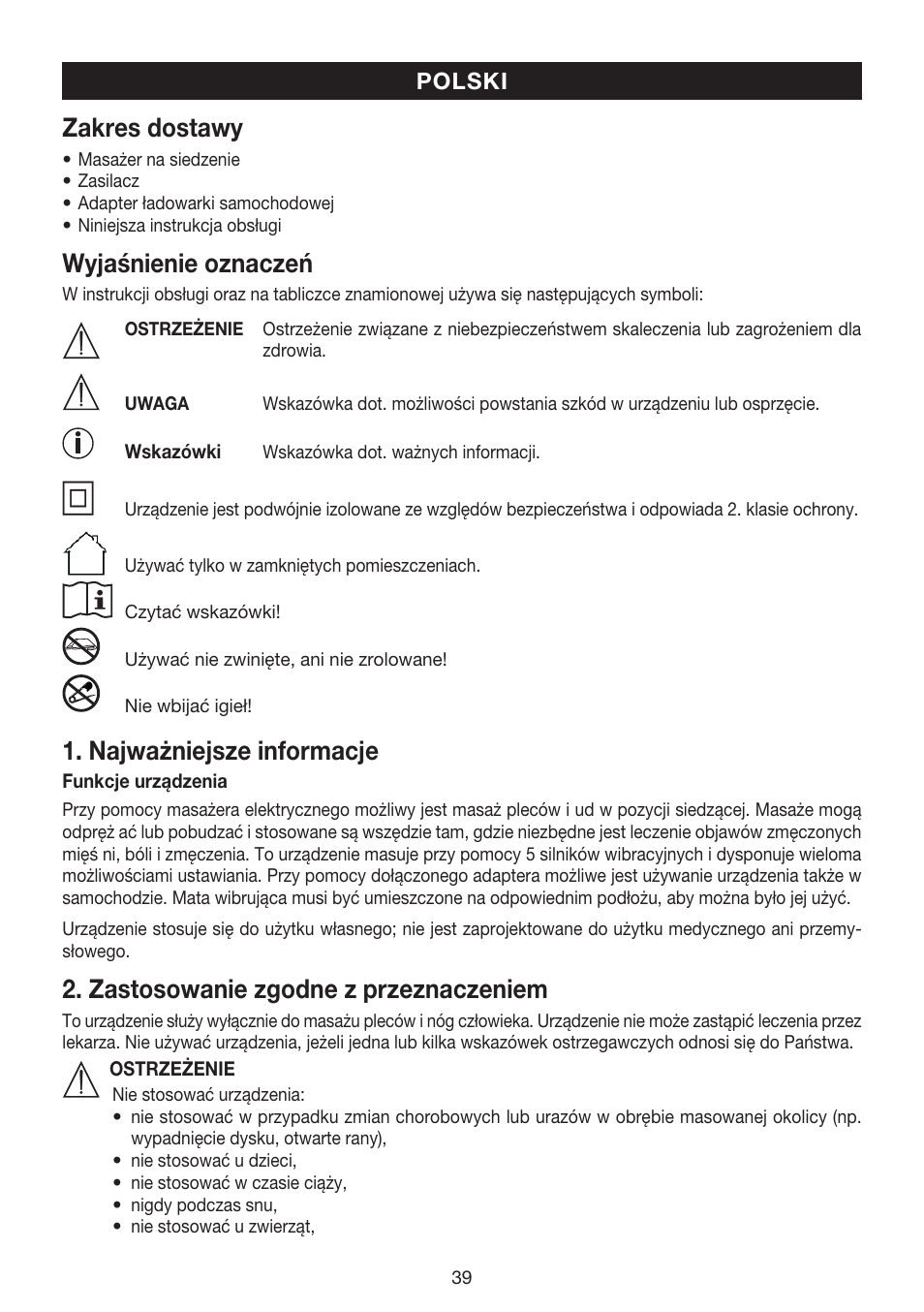 Zakres dostawy, Wyjaśnienie oznaczeń, Najważniejsze informacje | Zastosowanie zgodne z przeznaczeniem | Beurer MG 158 User Manual | Page 39 / 44