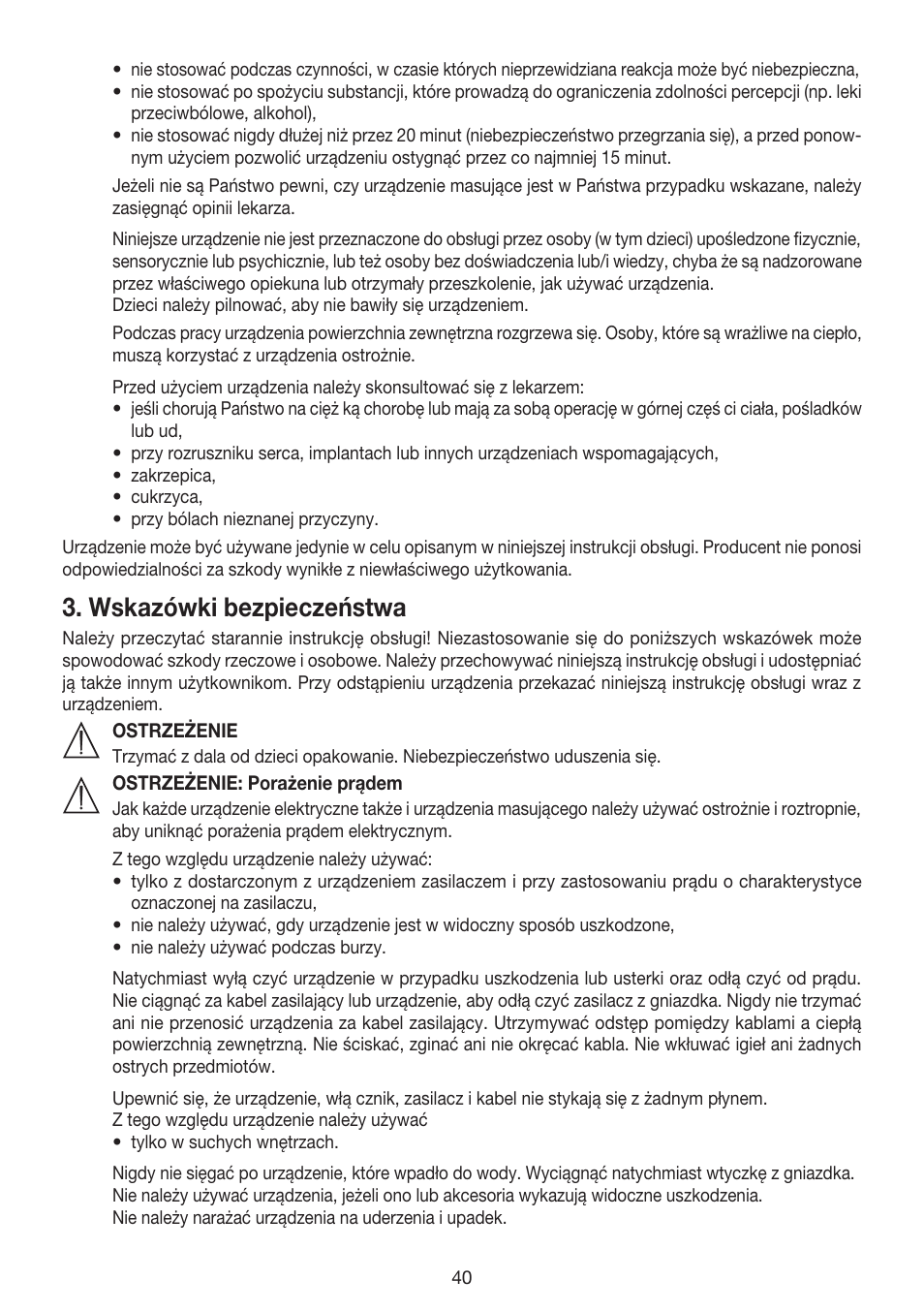 Wskazówki bezpieczeństwa | Beurer MG 158 User Manual | Page 40 / 44