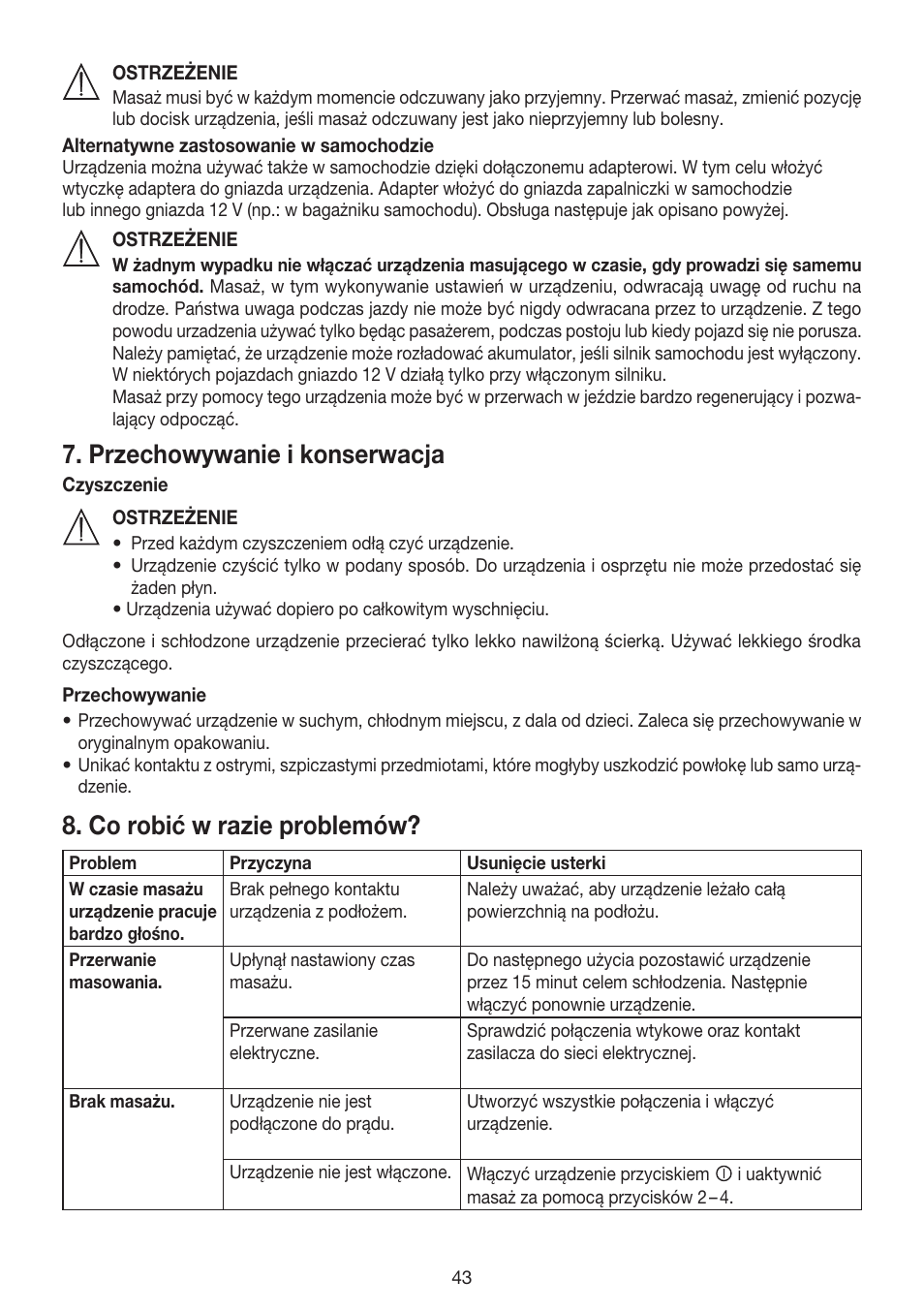 Przechowywanie i konserwacja, Co robić w razie problemów | Beurer MG 158 User Manual | Page 43 / 44