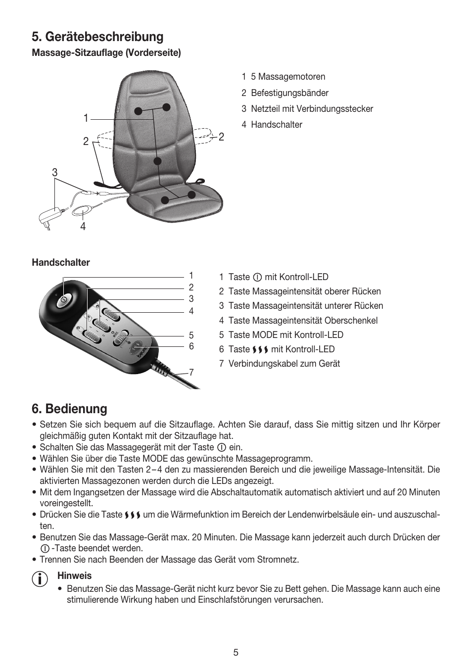 Gerätebeschreibung, Bedienung | Beurer MG 158 User Manual | Page 5 / 44
