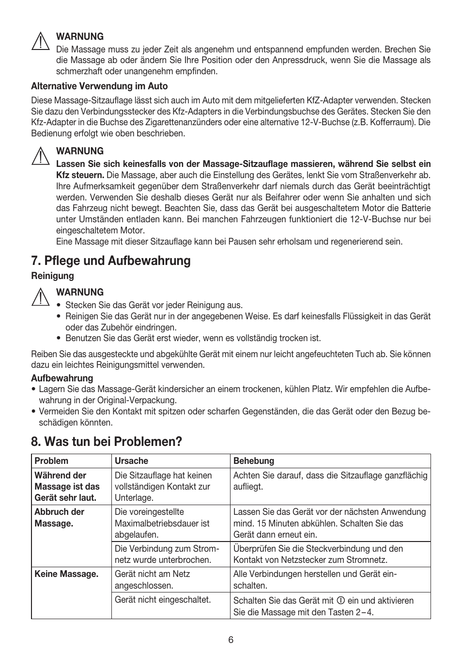 Pflege und aufbewahrung, Was tun bei problemen | Beurer MG 158 User Manual | Page 6 / 44