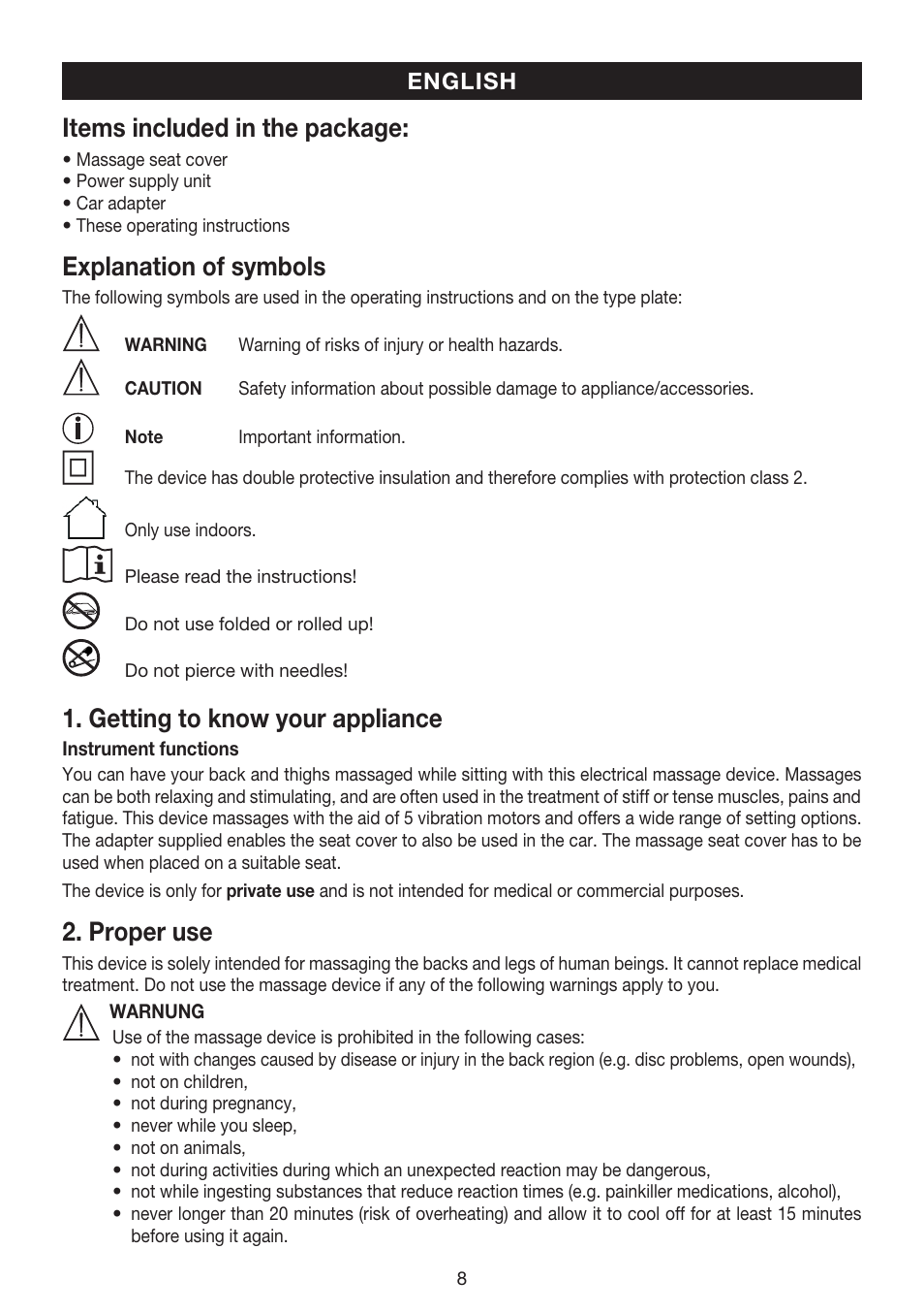 Items included in the package, Explanation of symbols, Getting to know your appliance | Proper use | Beurer MG 158 User Manual | Page 8 / 44