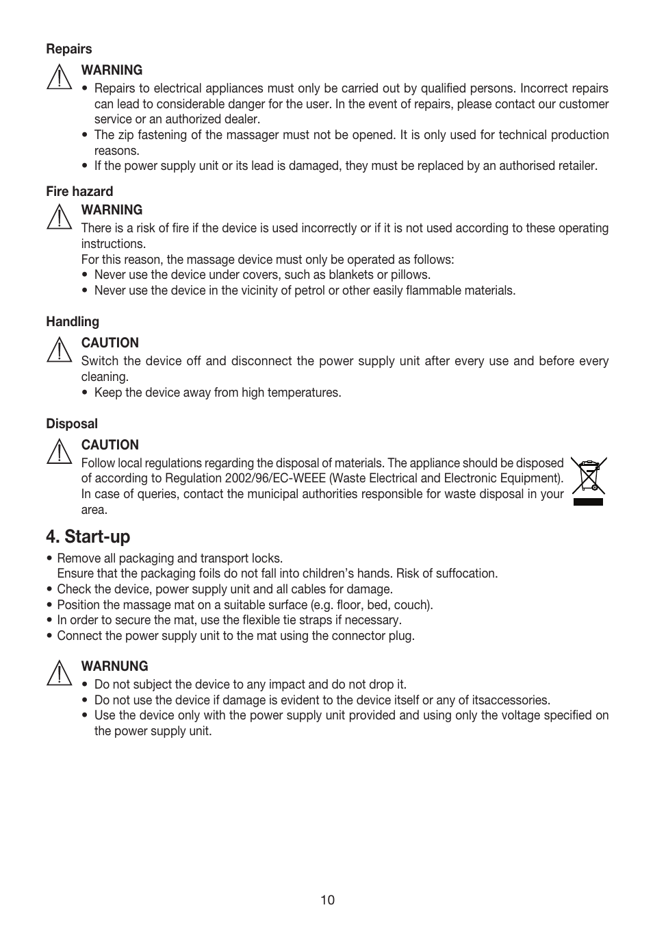 Start-up | Beurer MG 170 User Manual | Page 10 / 44