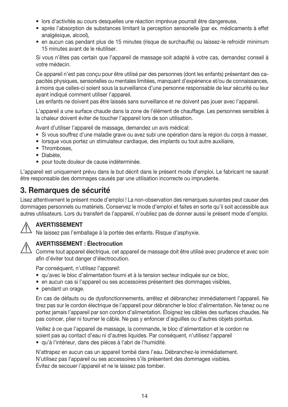 Remarques de sécurité | Beurer MG 170 User Manual | Page 14 / 44