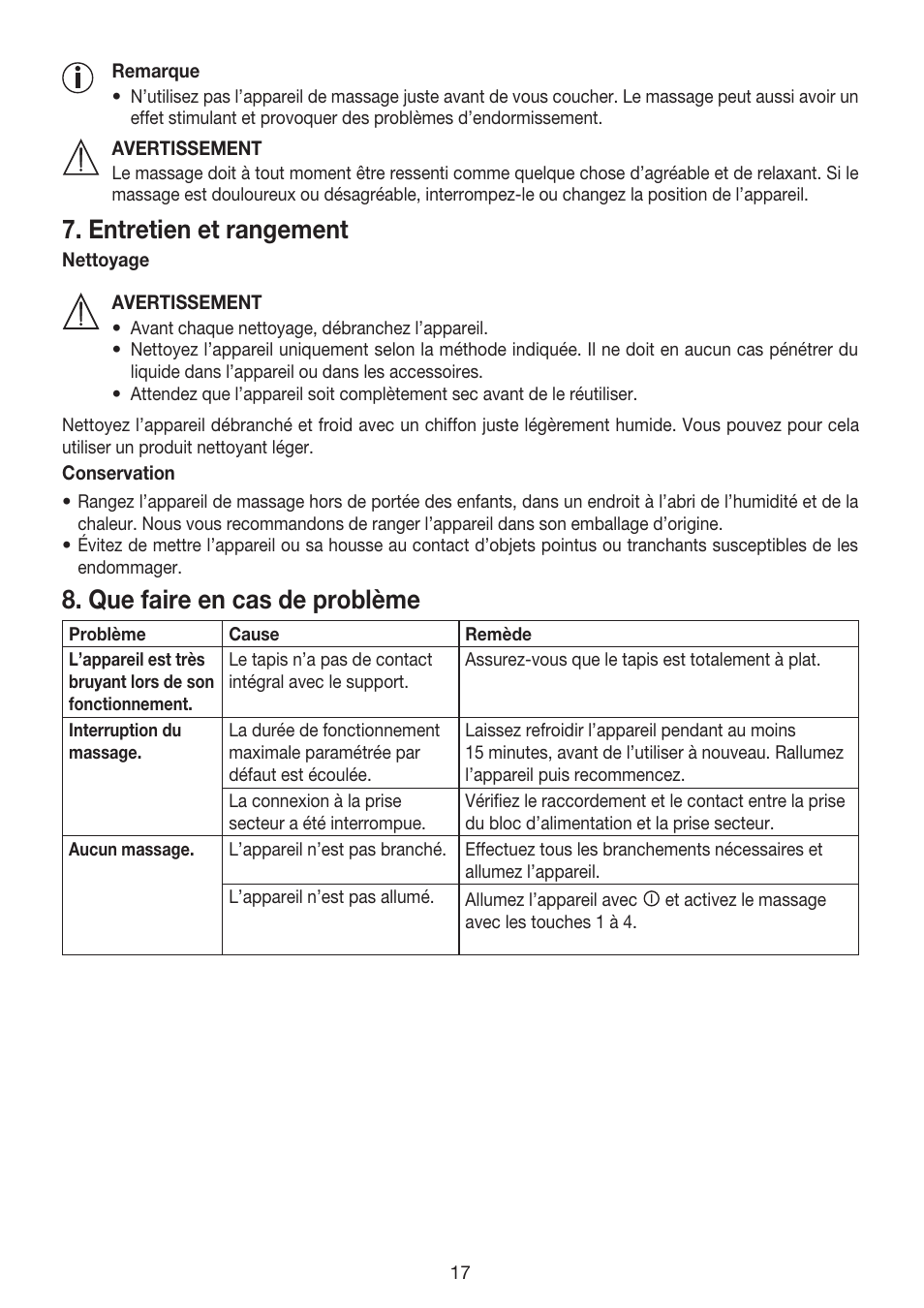 Entretien et rangement, Que faire en cas de problème | Beurer MG 170 User Manual | Page 17 / 44