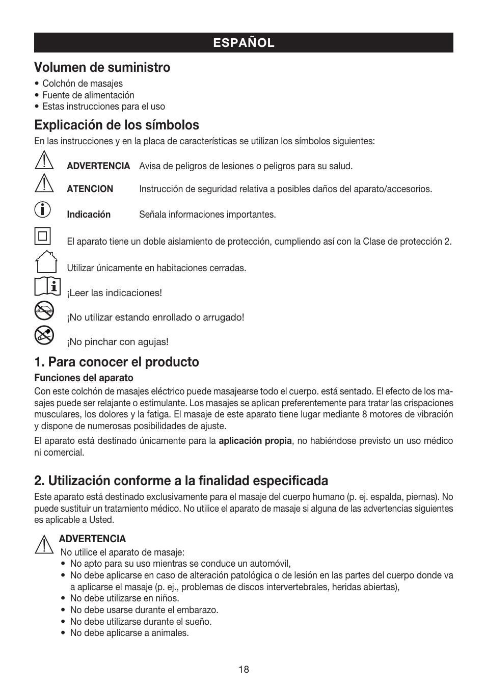 Volumen de suministro, Explicación de los símbolos, Para conocer el producto | Utilización conforme a la finalidad especificada | Beurer MG 170 User Manual | Page 18 / 44