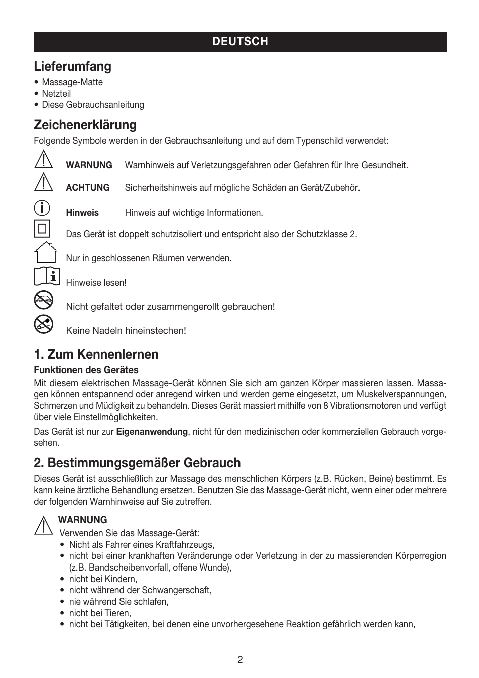 Lieferumfang, Zeichenerklärung, Zum kennenlernen | Bestimmungsgemäßer gebrauch | Beurer MG 170 User Manual | Page 2 / 44