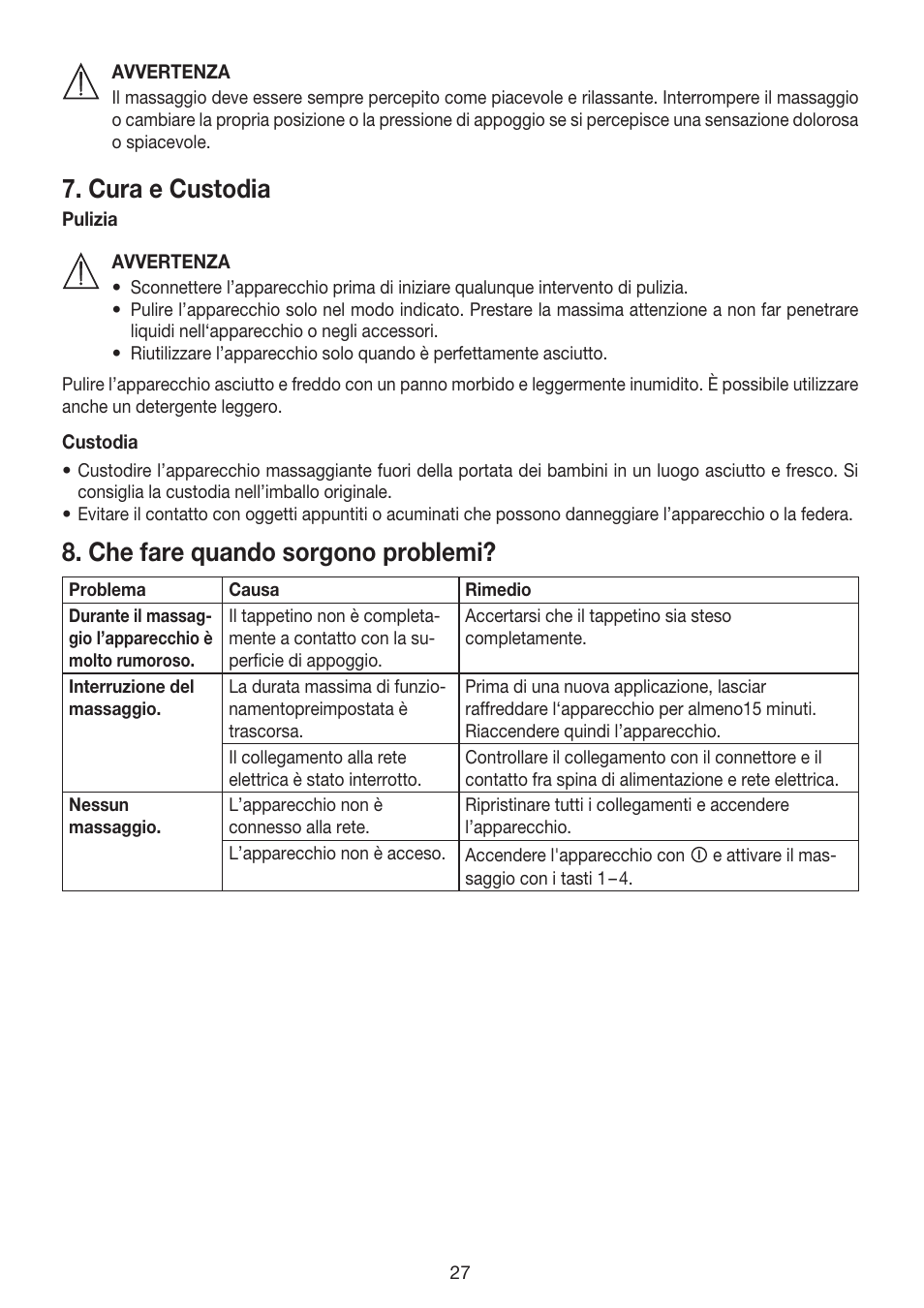 Cura e custodia, Che fare quando sorgono problemi | Beurer MG 170 User Manual | Page 27 / 44