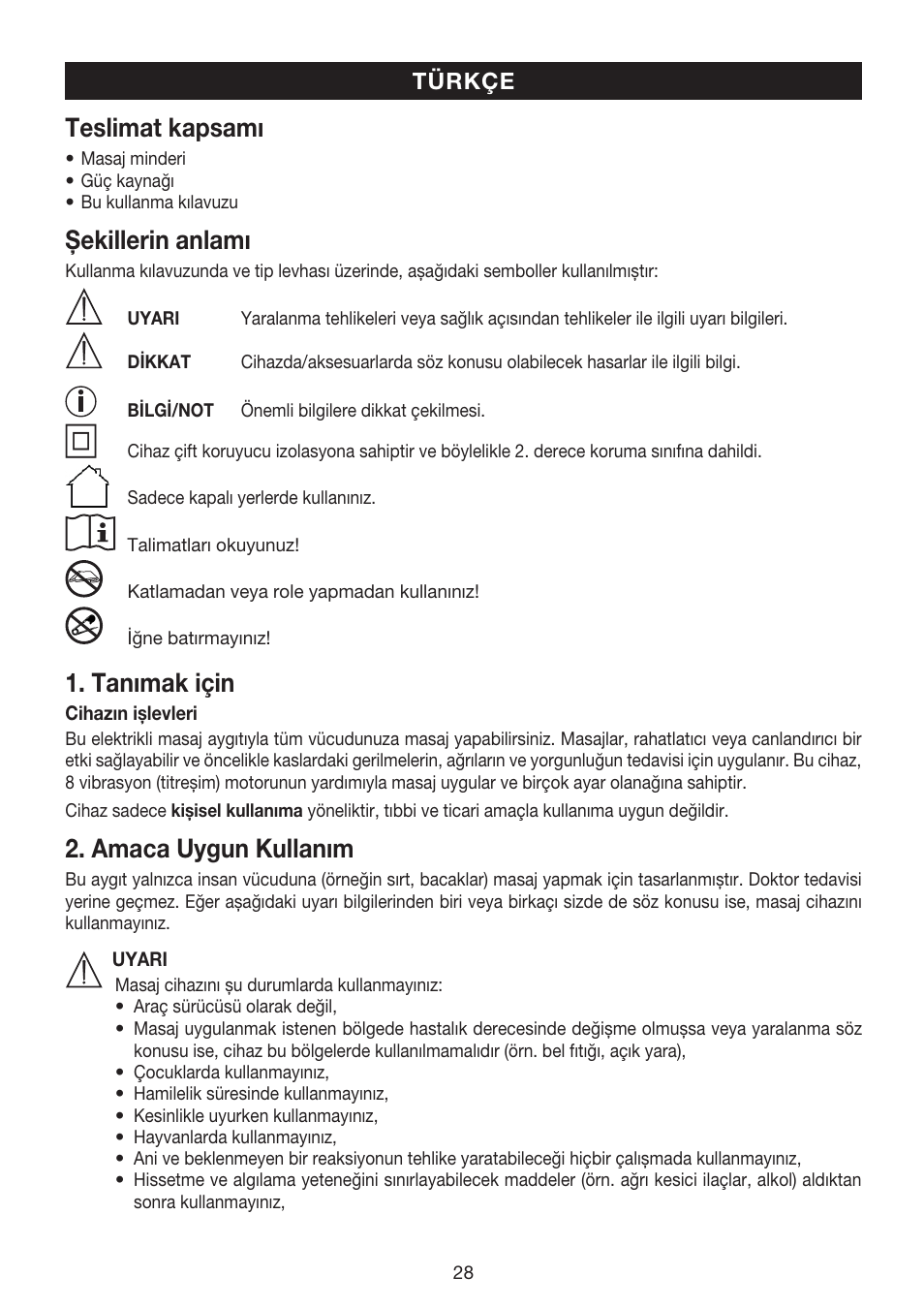 Teslimat kapsamı, Şekillerin anlamı, Tanımak için | Amaca uygun kullanım | Beurer MG 170 User Manual | Page 28 / 44