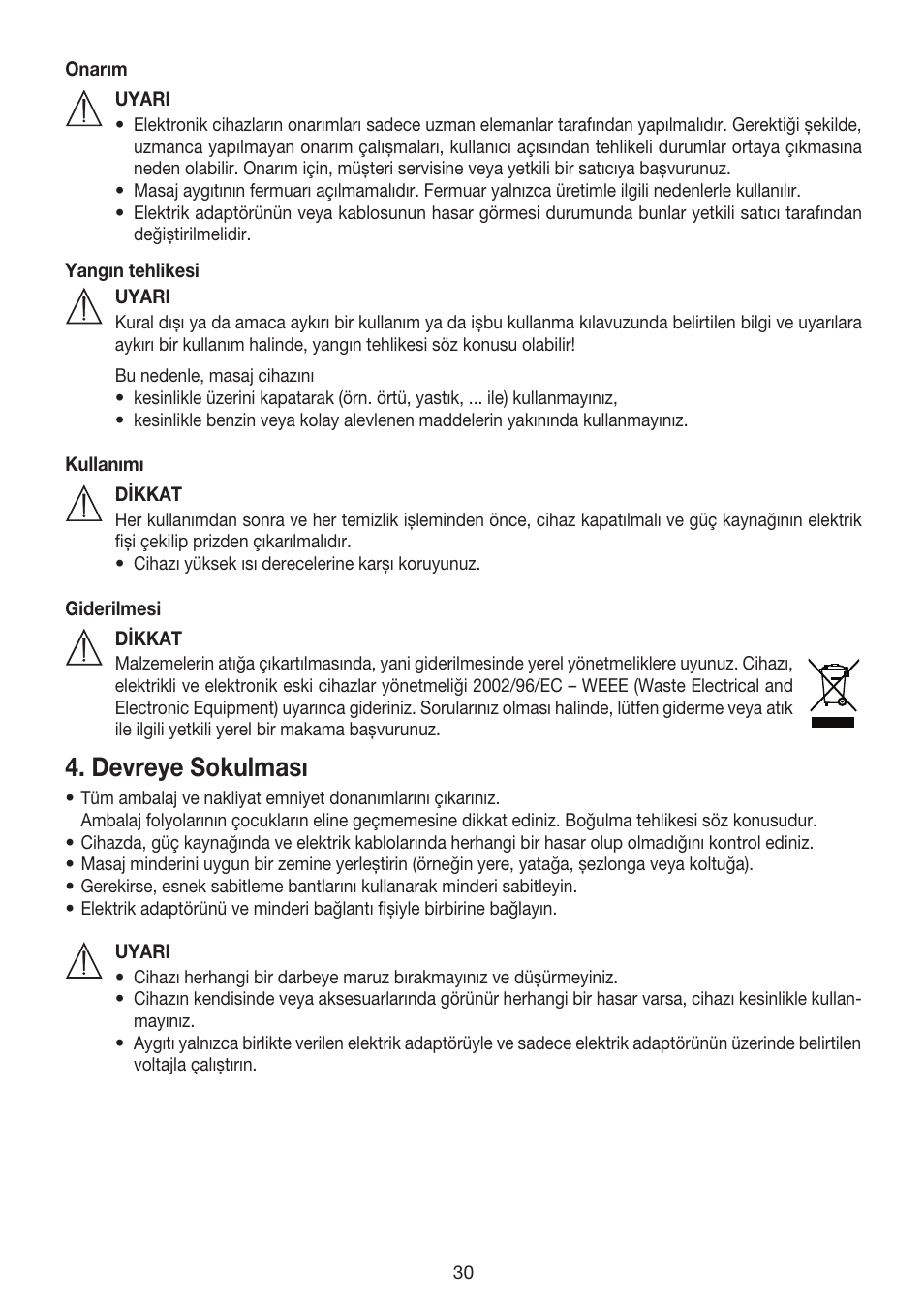 Devreye sokulması | Beurer MG 170 User Manual | Page 30 / 44