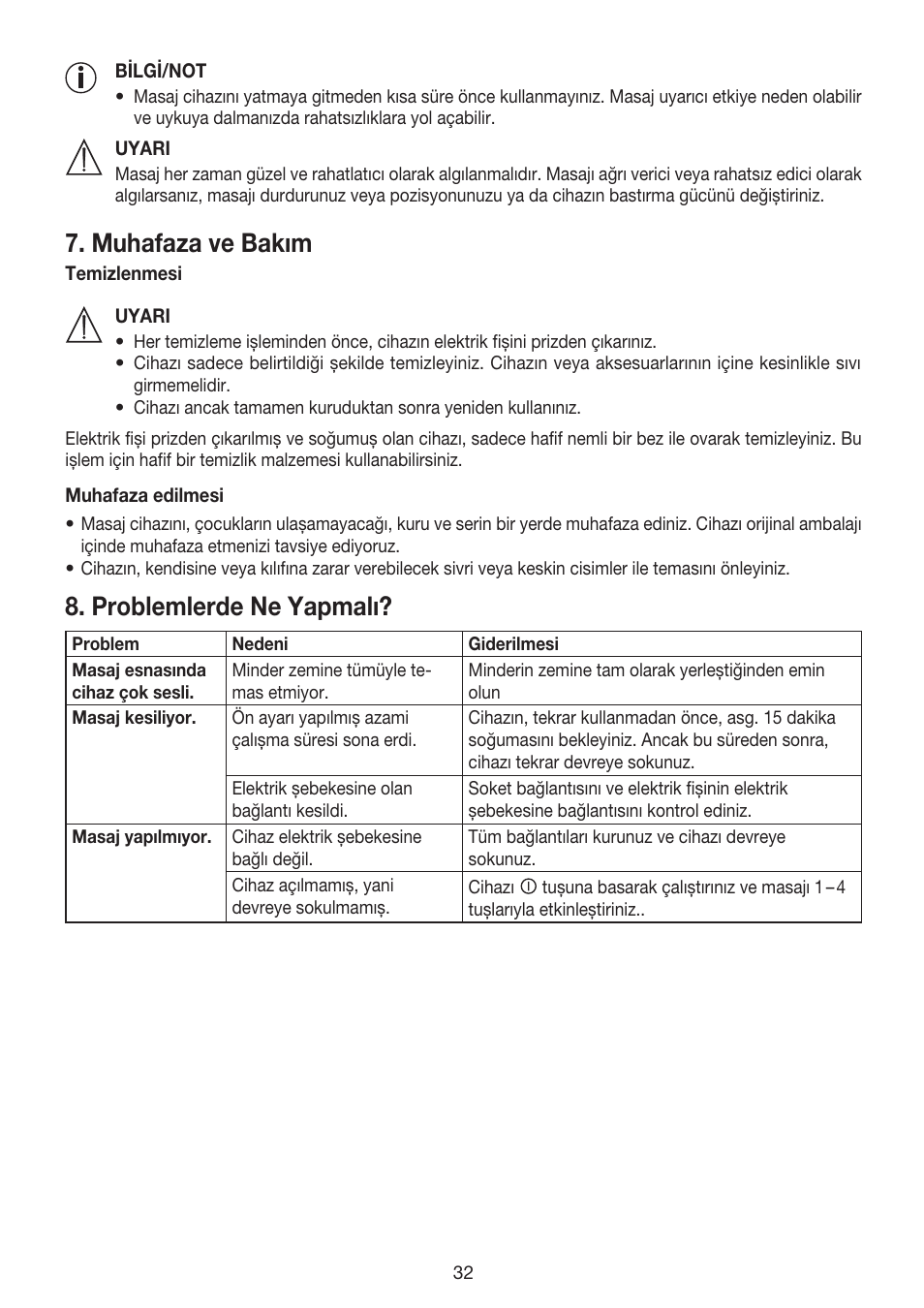 Muhafaza ve bakım, Problemlerde ne yapmalı | Beurer MG 170 User Manual | Page 32 / 44