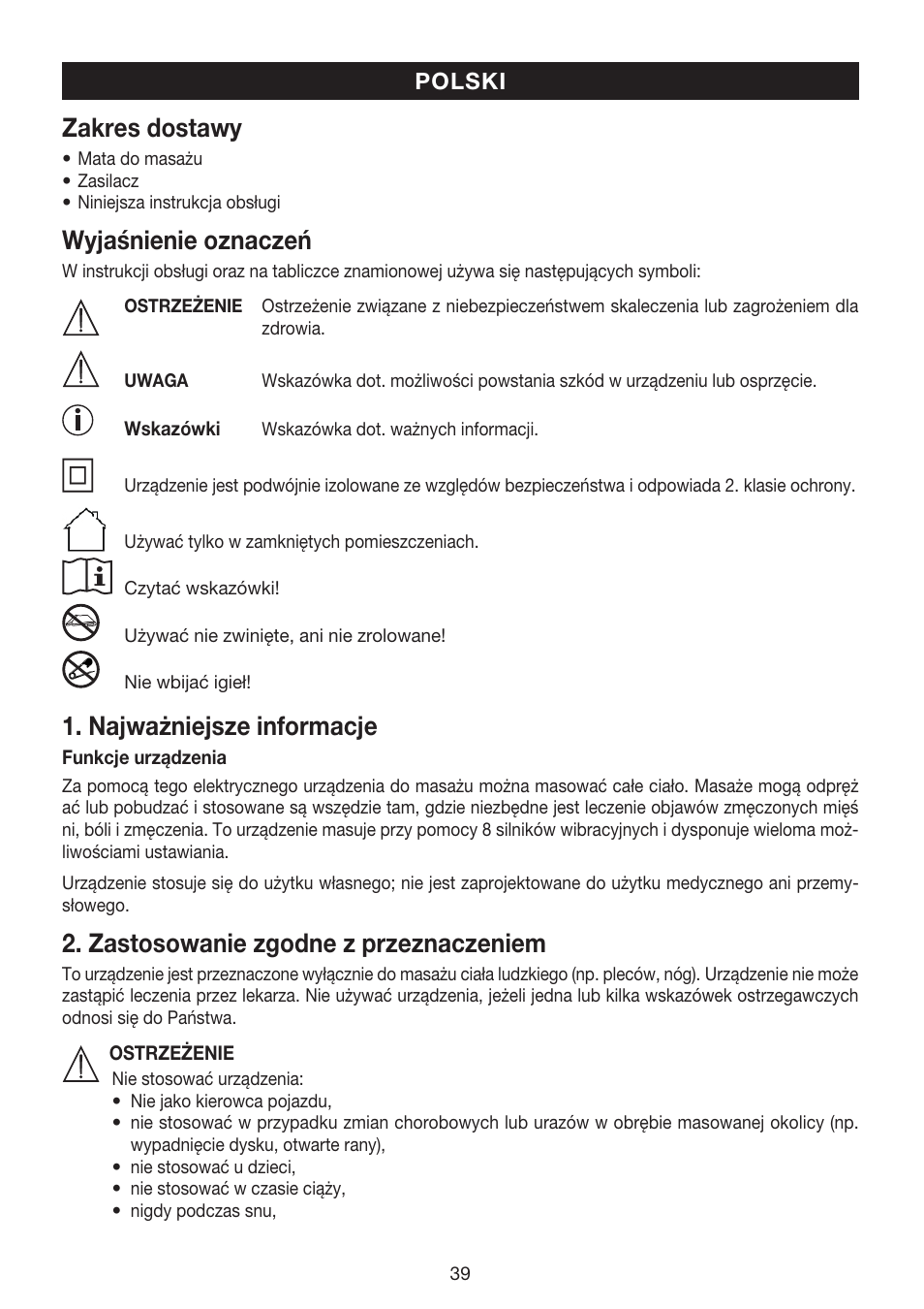 Zakres dostawy, Wyjaśnienie oznaczeń, Najważniejsze informacje | Zastosowanie zgodne z przeznaczeniem | Beurer MG 170 User Manual | Page 39 / 44