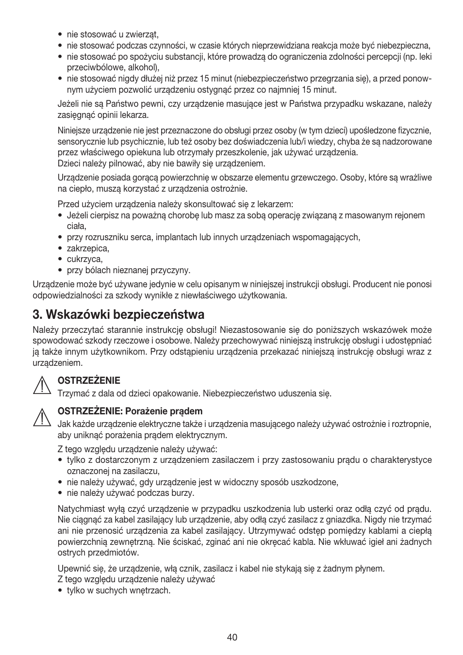 Wskazówki bezpieczeństwa | Beurer MG 170 User Manual | Page 40 / 44